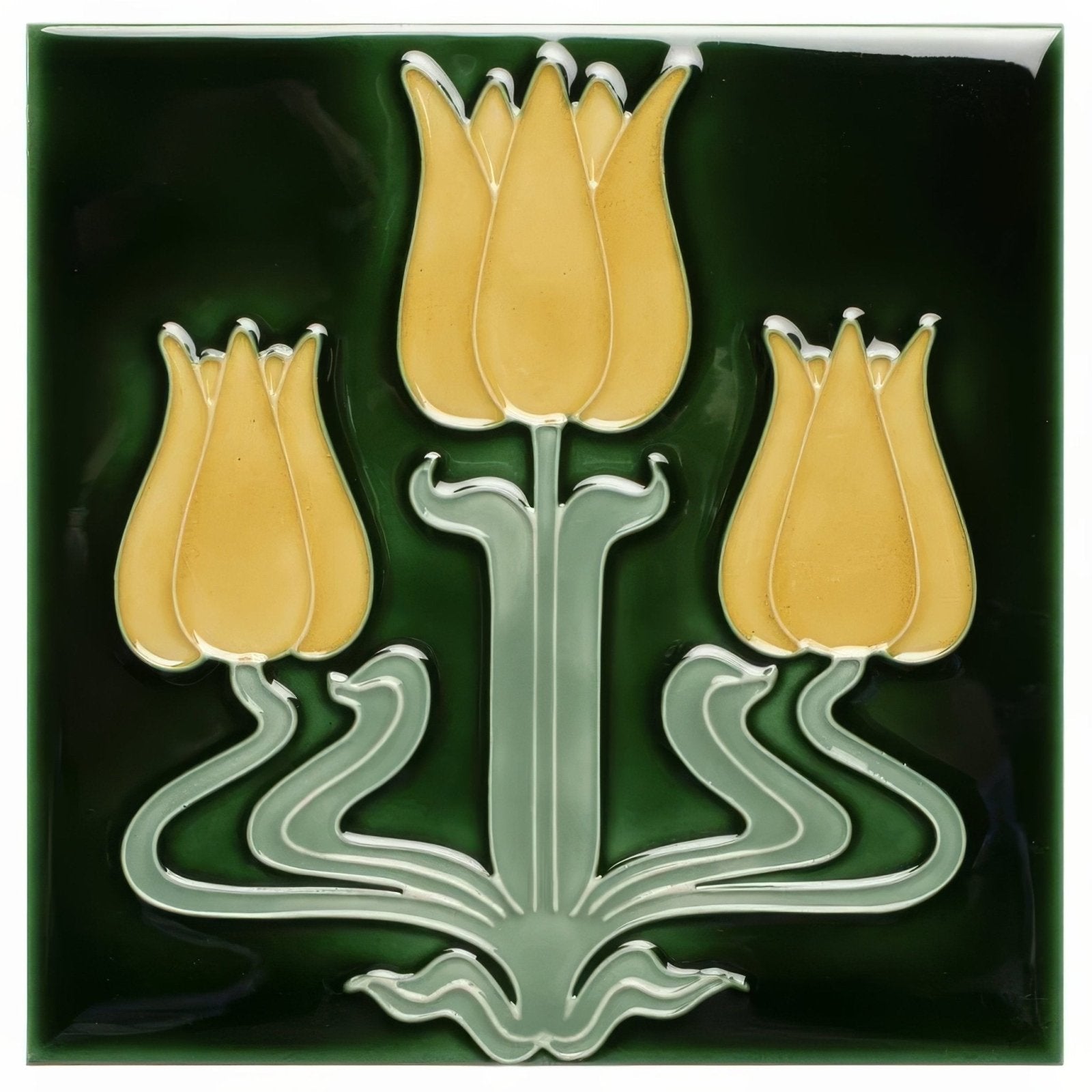 A square ceramic tile named Lafleur on Victorian Green featuring three stylized yellow tulips with white tips
