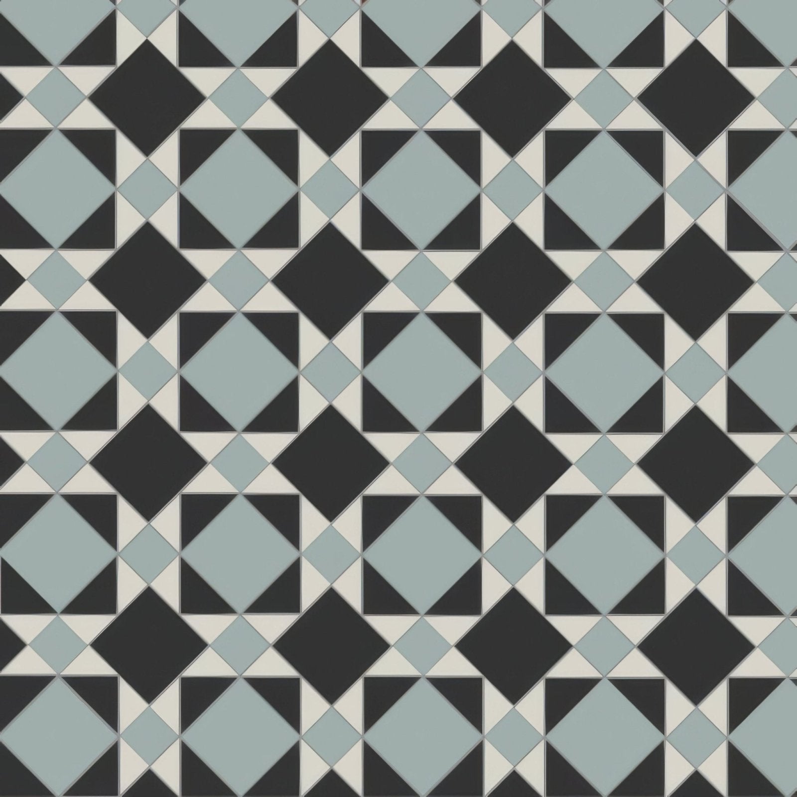 Geometric patterned lambeth tile with black and light blue diamonds separated by thin white lines for flooring and walls