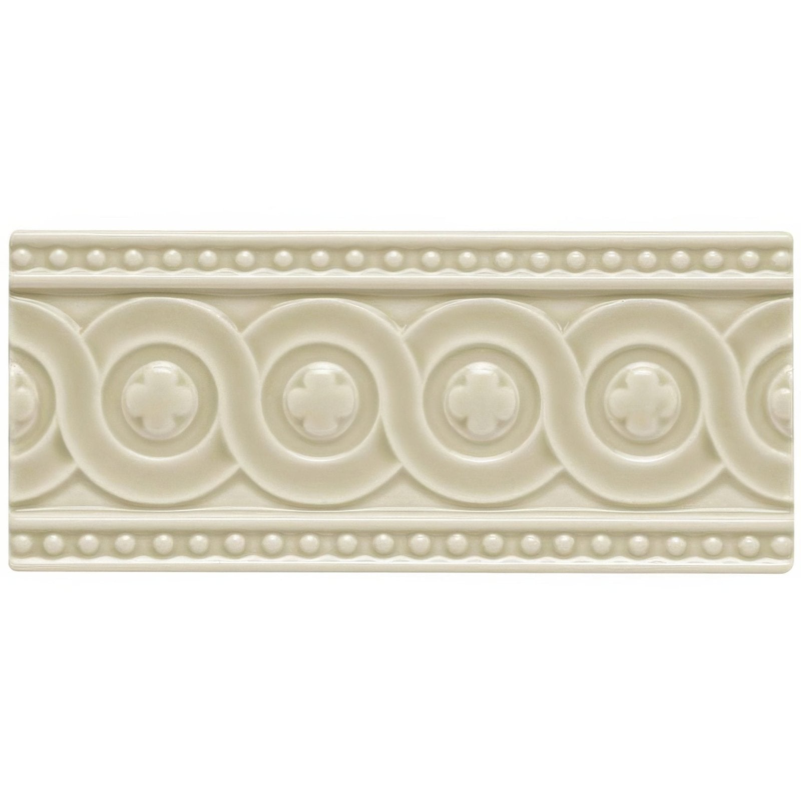 Cream-colored ceramic tile lavenham baroque with an elegant repeating pattern of interlocking circles and bead borders