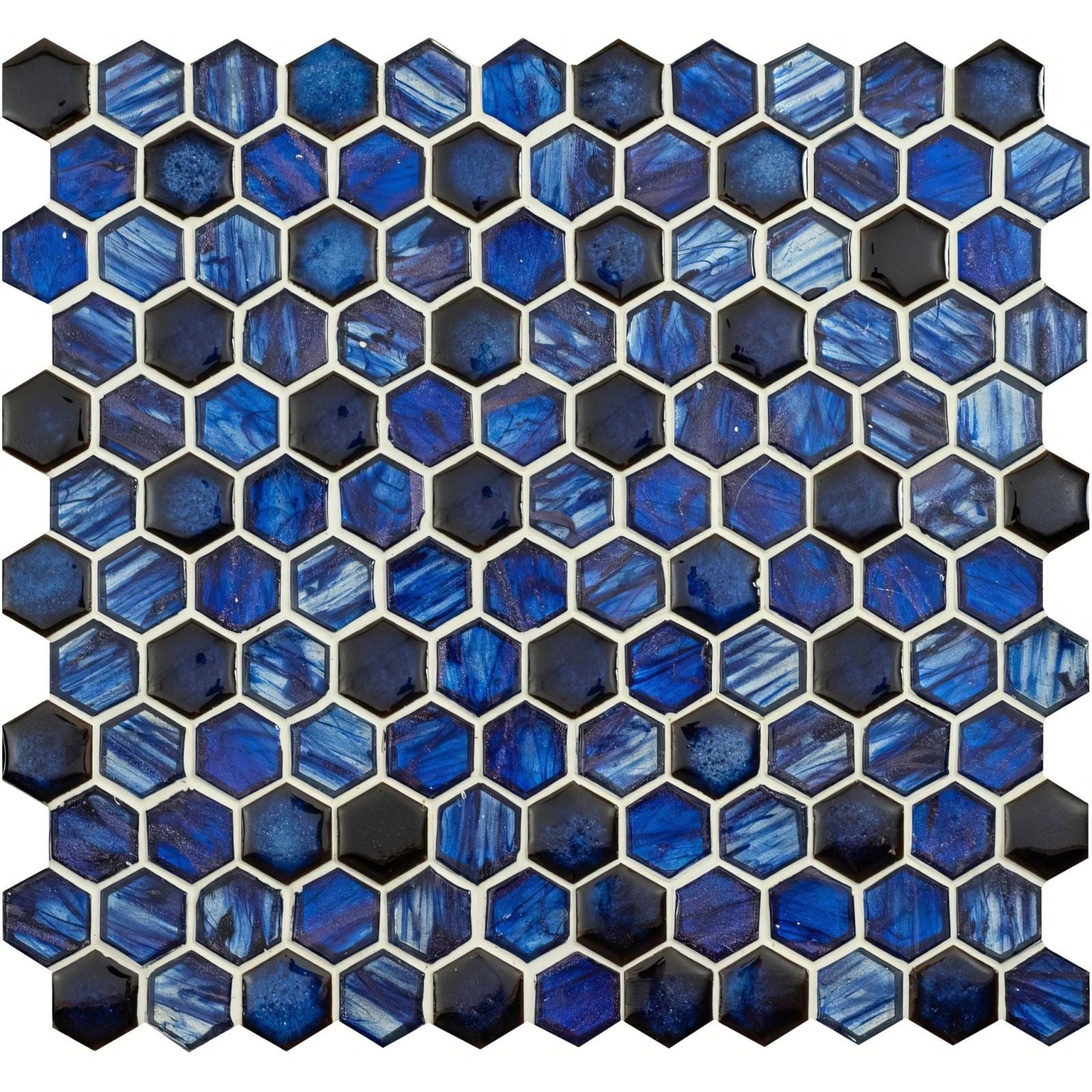 Blue hexagonal mosaic tile with glossy marbled finish and black accents from lazuli glass and ceramic collection