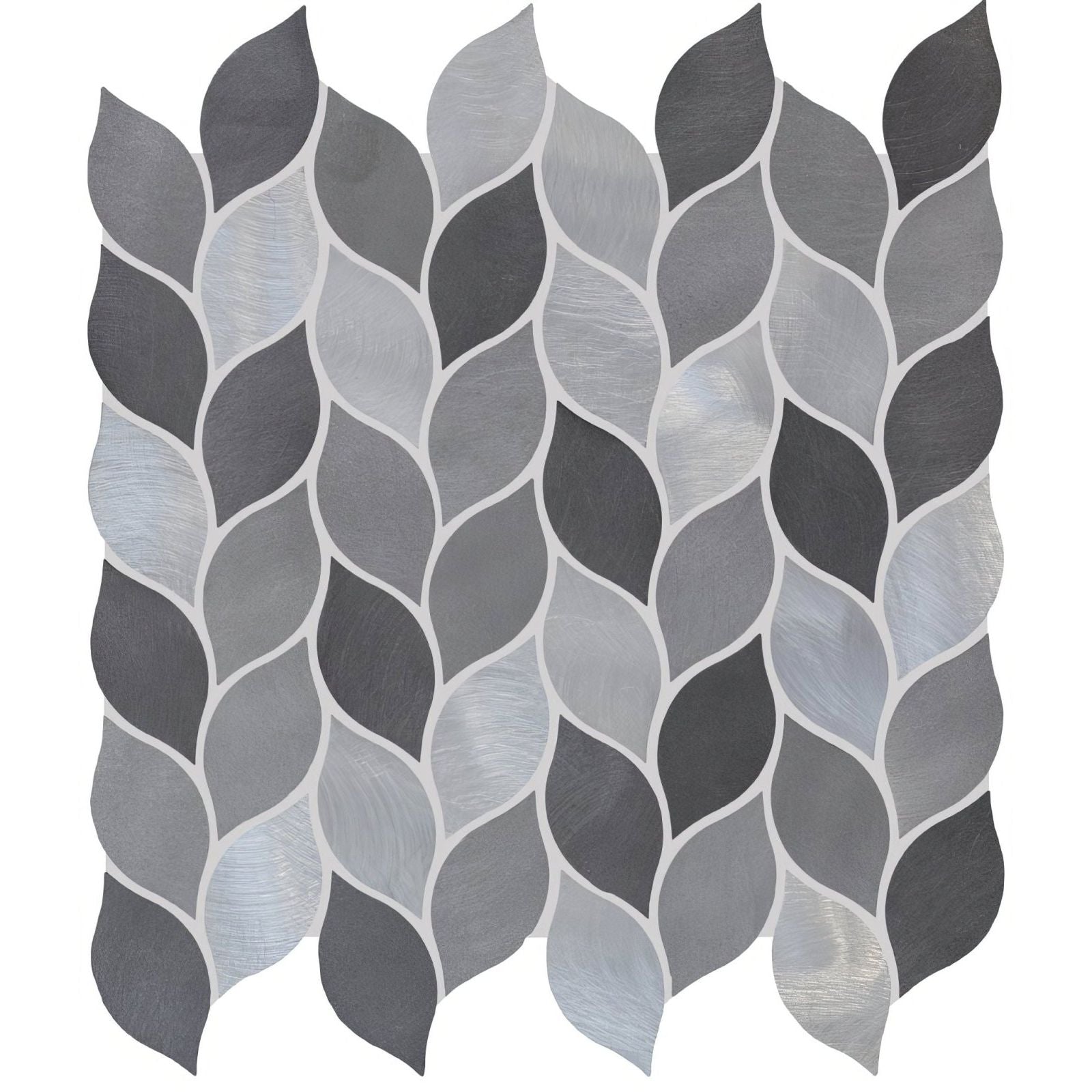 Gray and silver leaf-shaped aluminium mosaic tile with brushed metallic finish for decorative wall applications