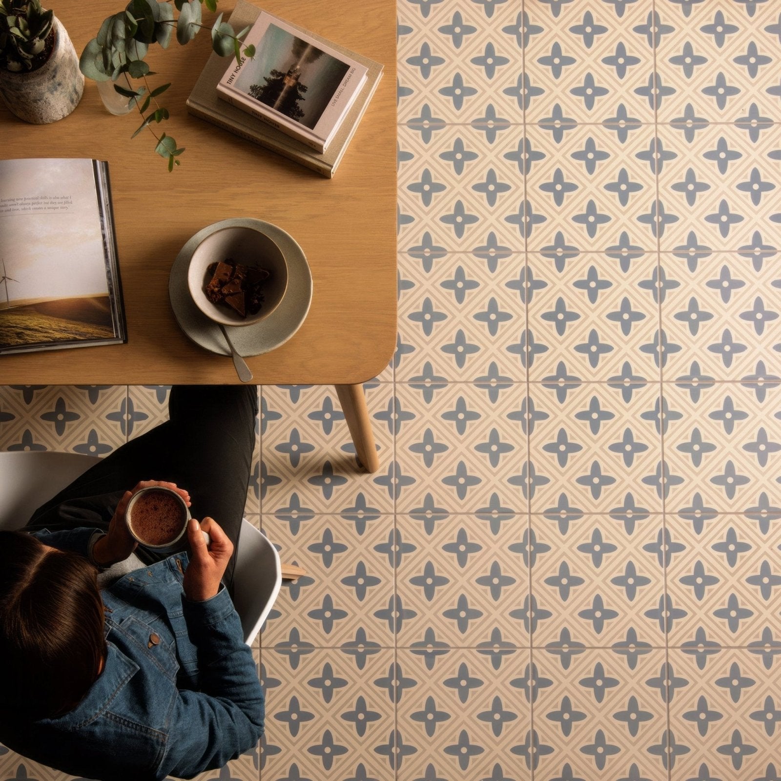 Beige and gray geometric patterned floor tiles in leigh blue on chalk color for stylish indoor flooring