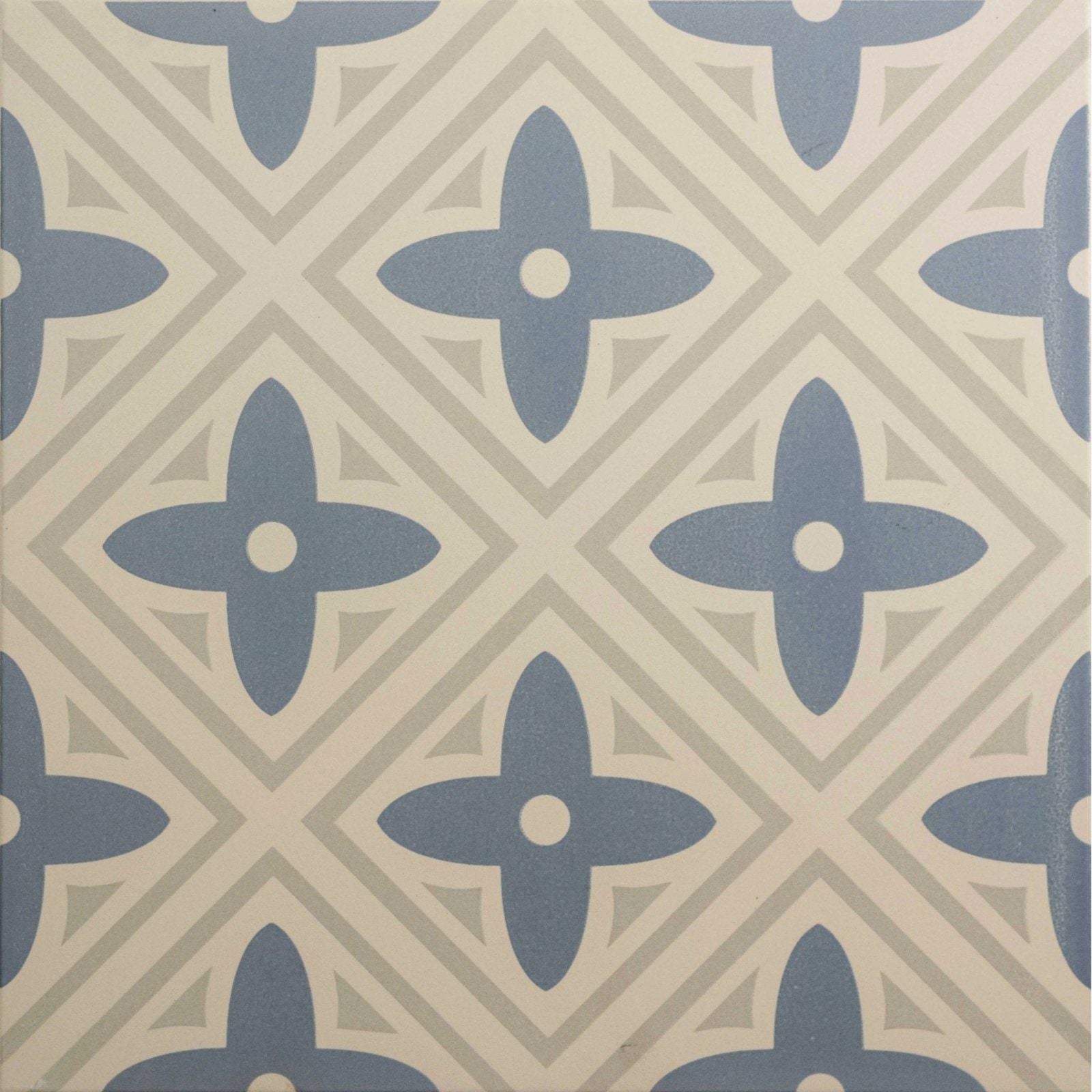 Leigh blue on chalk ceramic tile with blue and beige quatrefoil pattern and repeating design
