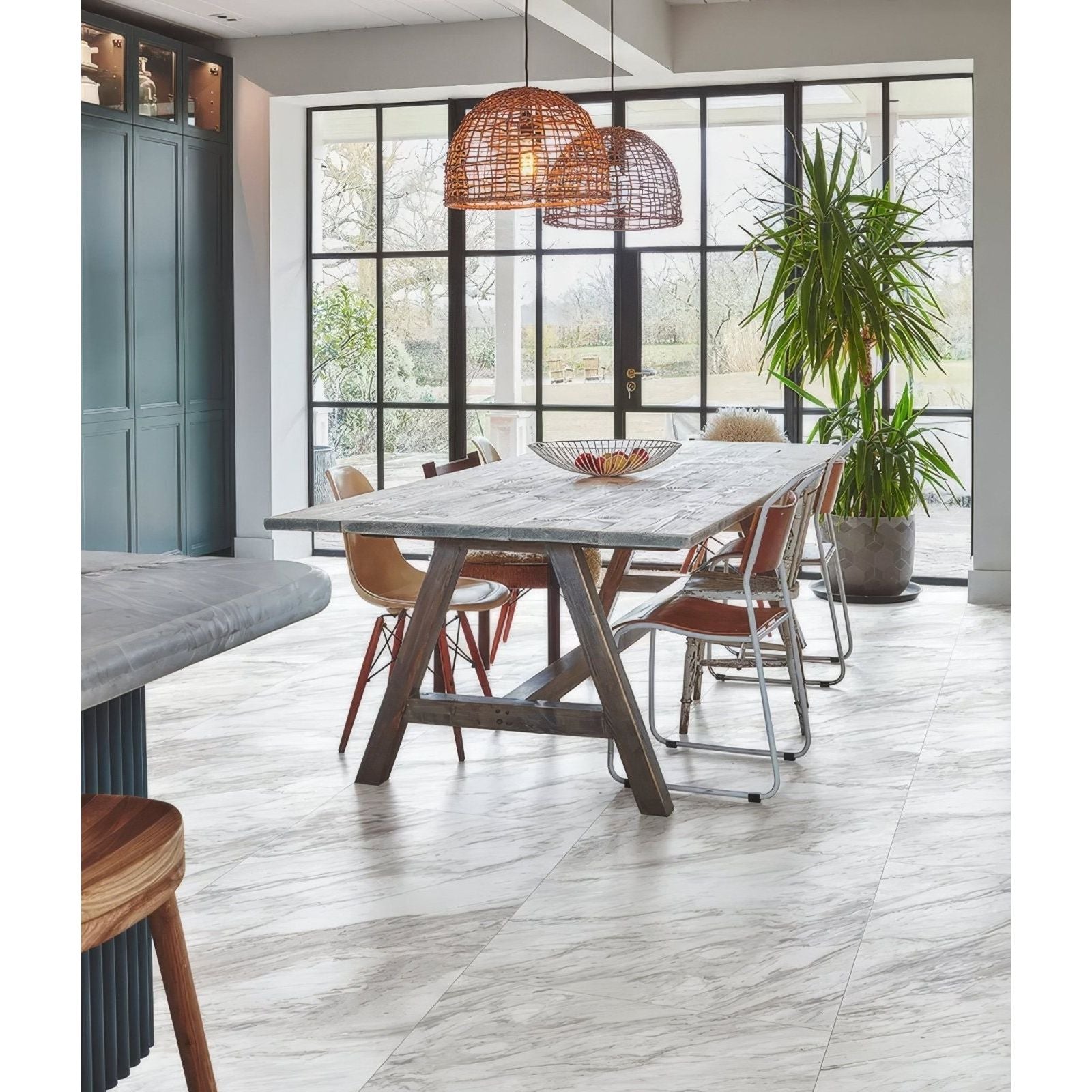 Leonardo Minerale Pure Matt Click Tile white marble-effect tiles with a rustic wooden dining table
