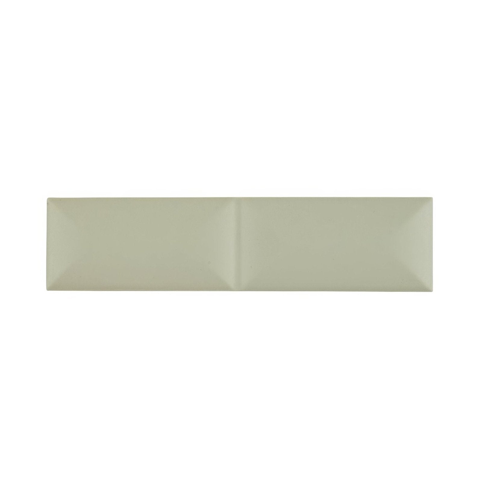 A sleek matte-finished Levante Fold sage rectangular tile in soft sage green with subtle raised edges