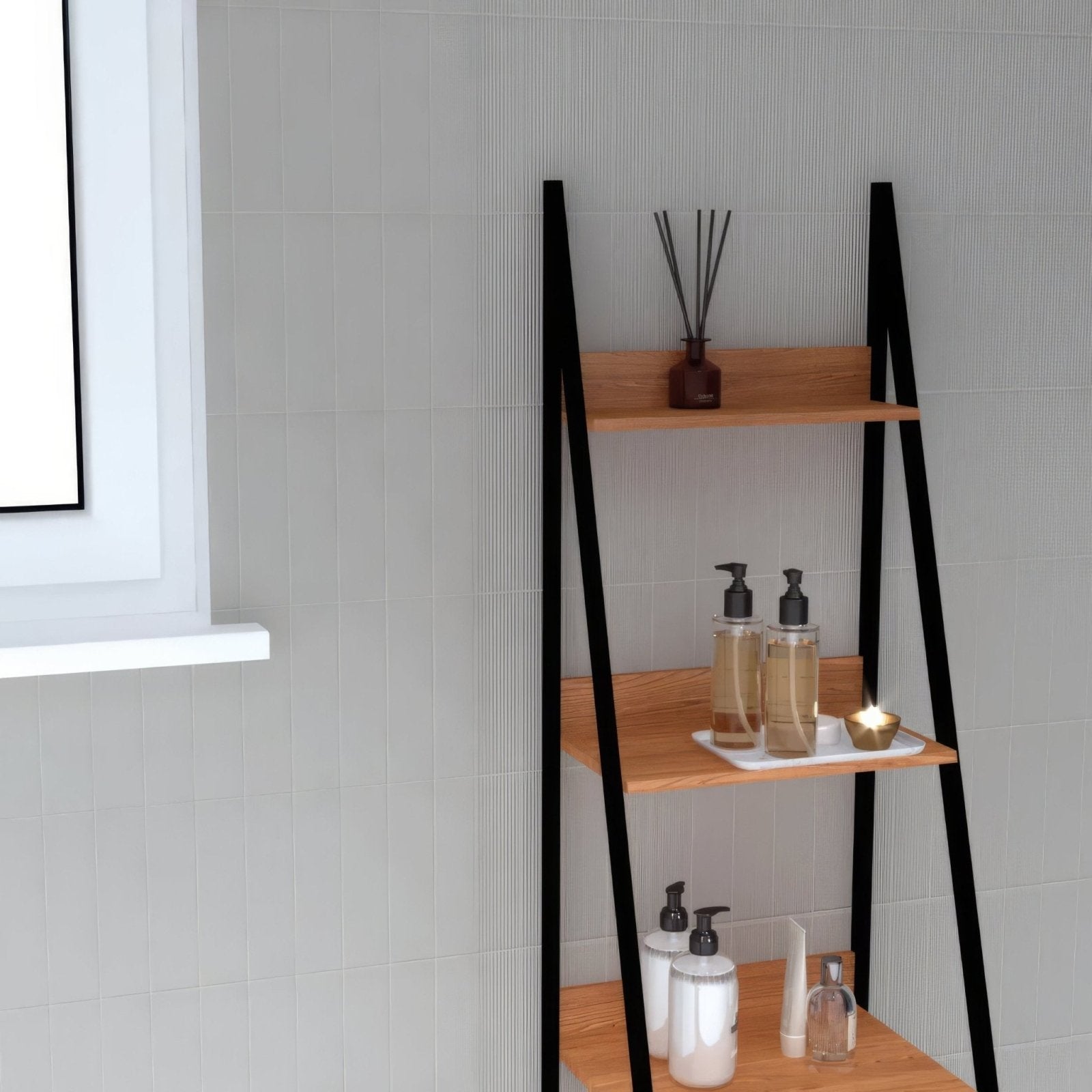 Modern wooden ladder shelf levante ridge chalk with black metal frame and three tiers for bathroom organization