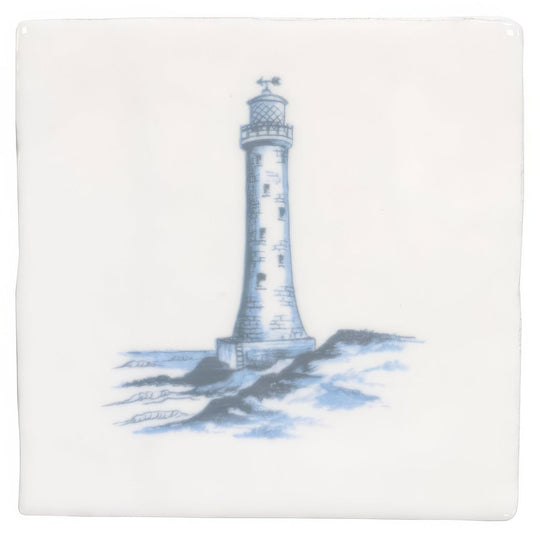 White ceramic coaster with a delicate blue hand-painted lighthouse on rocky shores from lighthouse blue on cotton