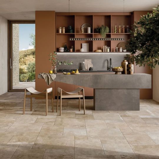 Concrete island countertop with matte gray finish and integrated sink in Lincoln Beige Opus design