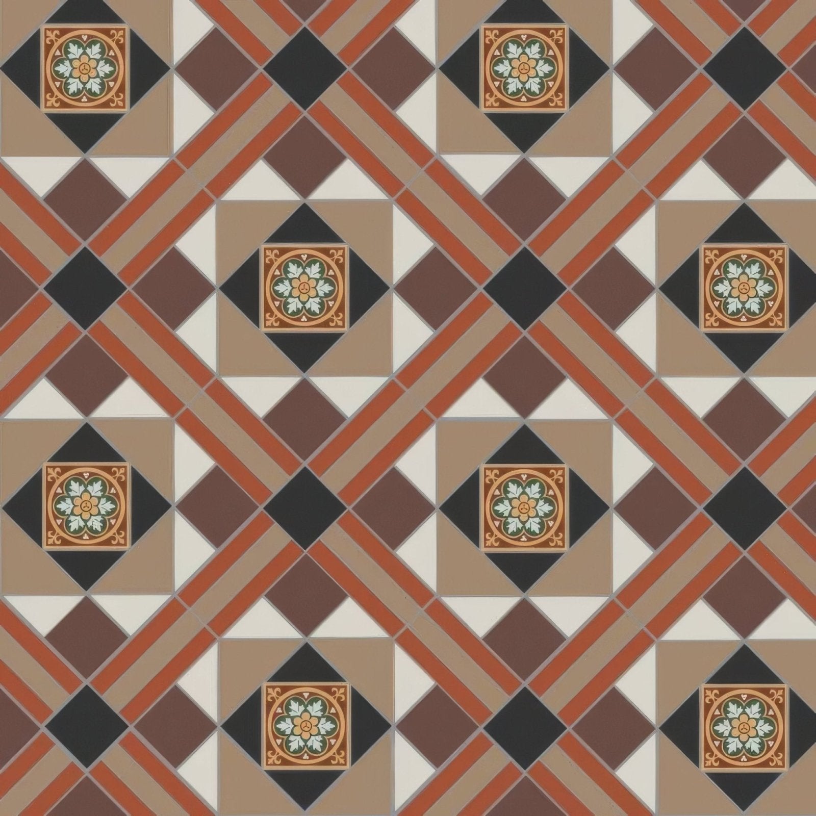 Lindisfarne Black, Brown, Red, Regency Bath & White with Livingstone Green on Buff