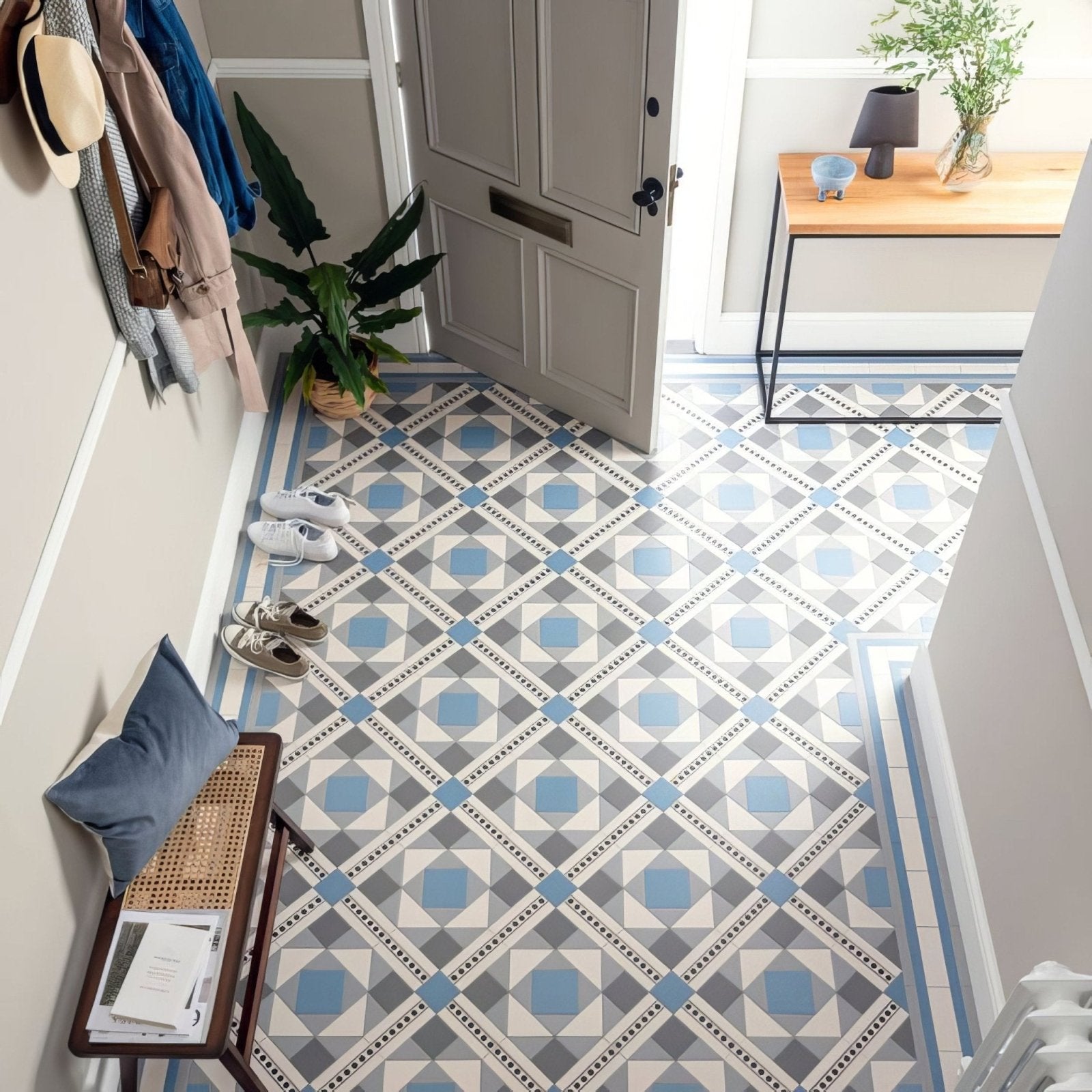 Blue gray and white geometric patterned Lindisfarne floor tiles designed for Melbourne interiors