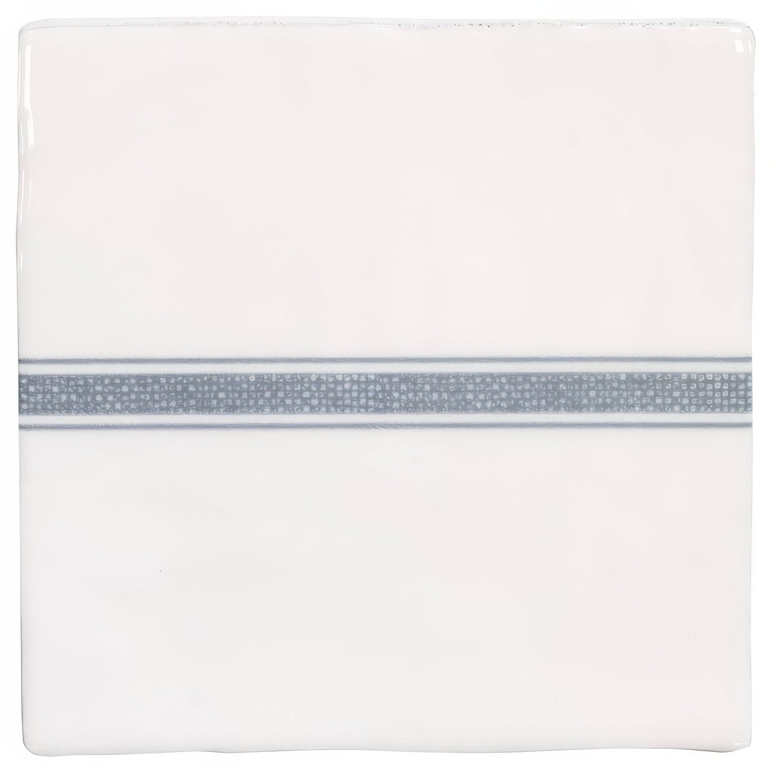 White ceramic tile with a horizontal silver mosaic band in the linen border blue on cotton design