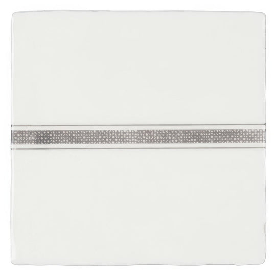 White ceramic square plate with silver metallic grid pattern band in linen border grey on cotton design