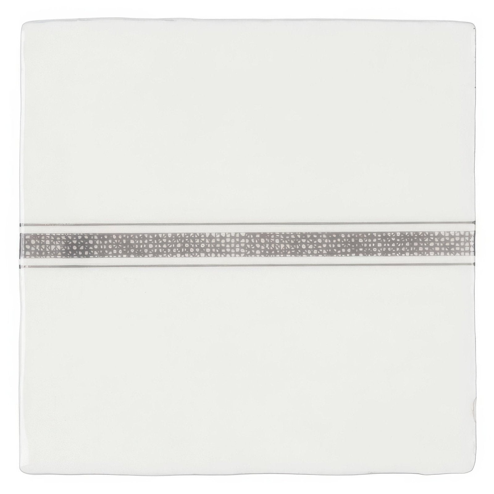 White ceramic square plate with silver metallic grid pattern band in linen border grey on cotton design