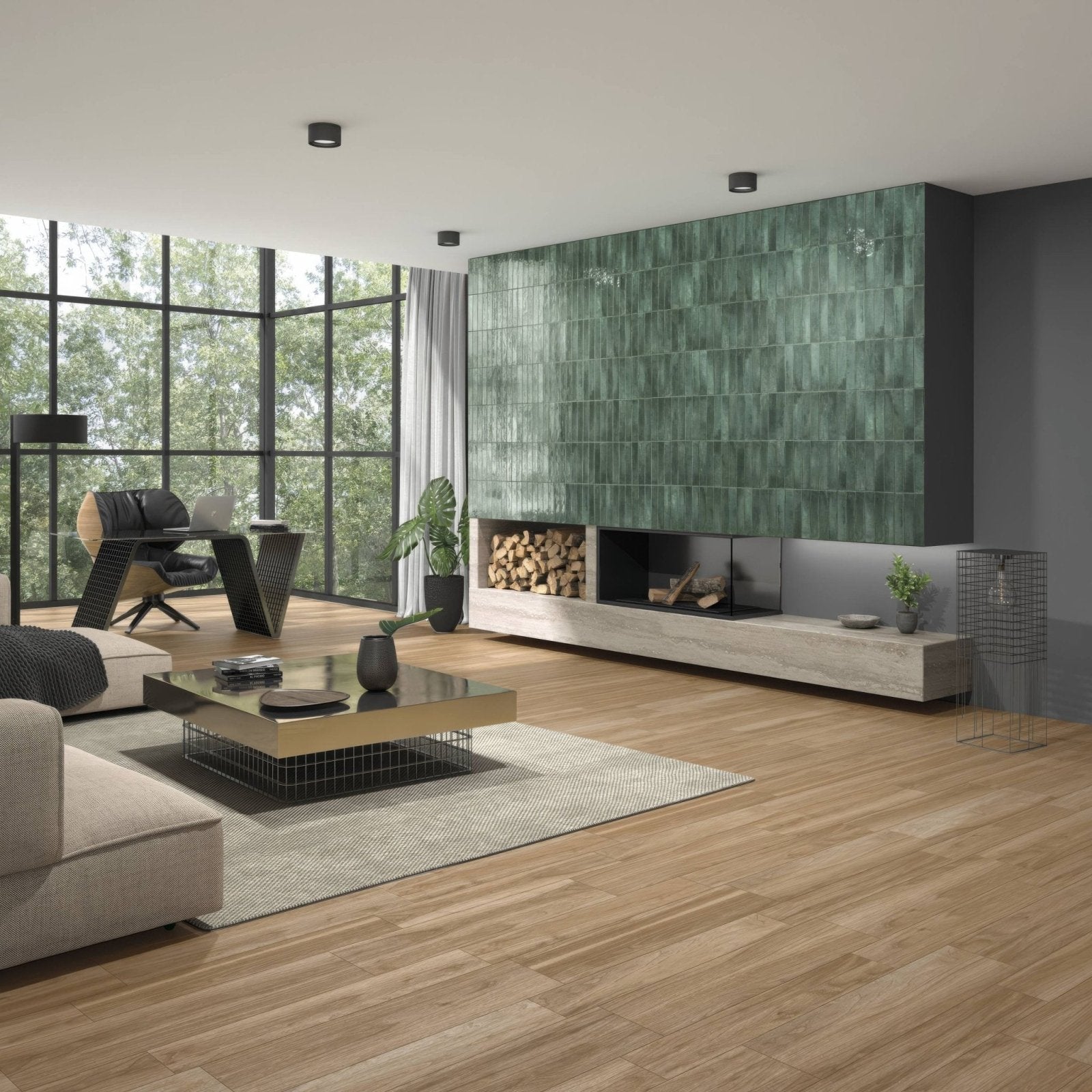 Green textured rectangular tiles in Lisbon Green Jade Shine create a modern fireplace wall with a glossy finish