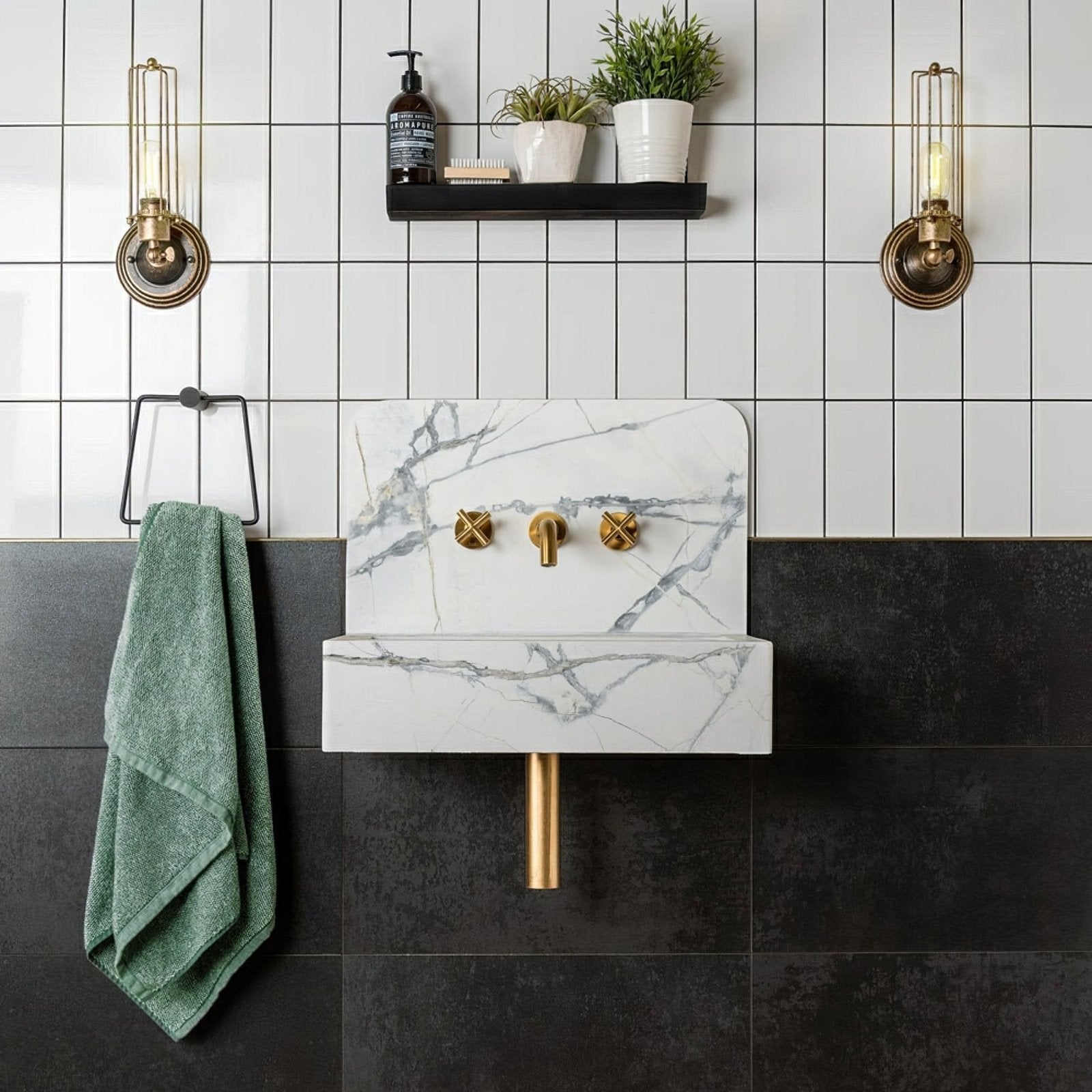 Liso white gloss 100x200 white marble sink with gold-toned fixtures and sleek modern design