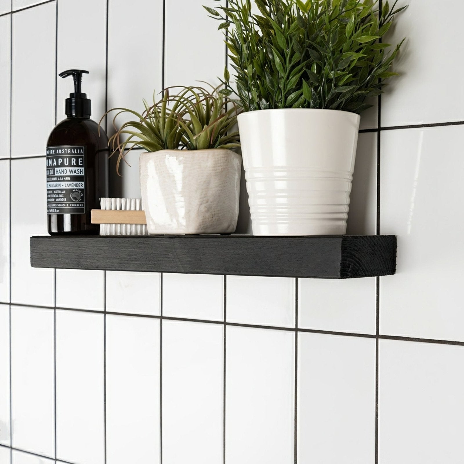 Black wooden floating shelf with matte finish and visible wood grain for liso white gloss 100x200 product display