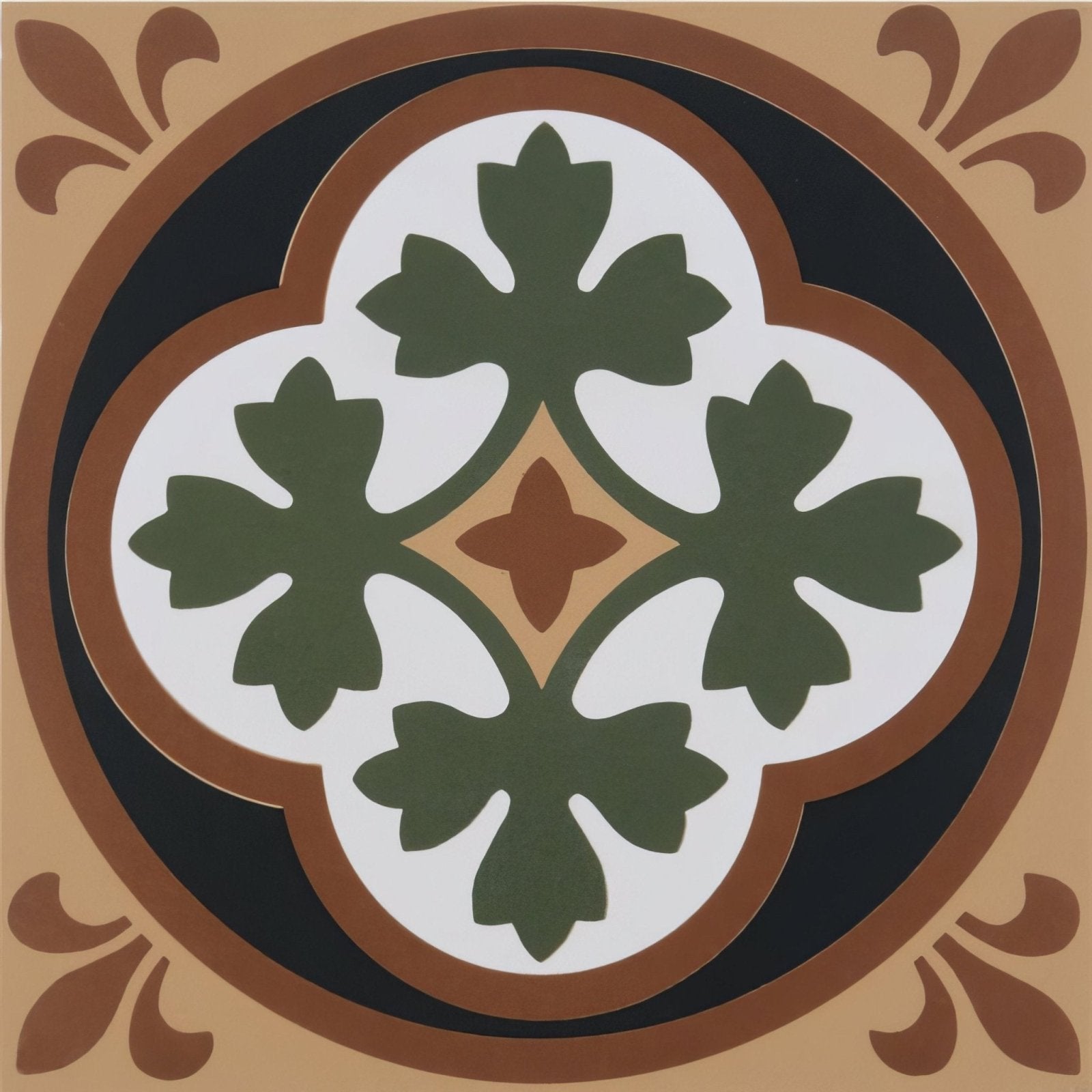 Square ceramic tile Liverpool white/buff with quatrefoil design of olive green leaves and brown black concentric borders