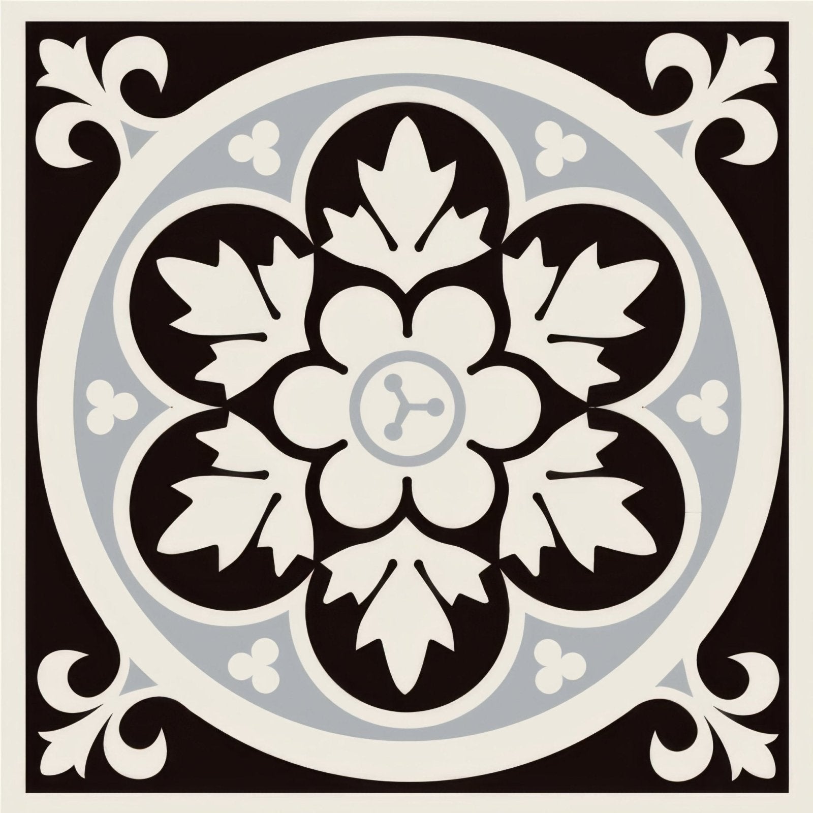 Livingstone black on dover white black and white ornate floral tile with central circular motif and intricate leaf patterns