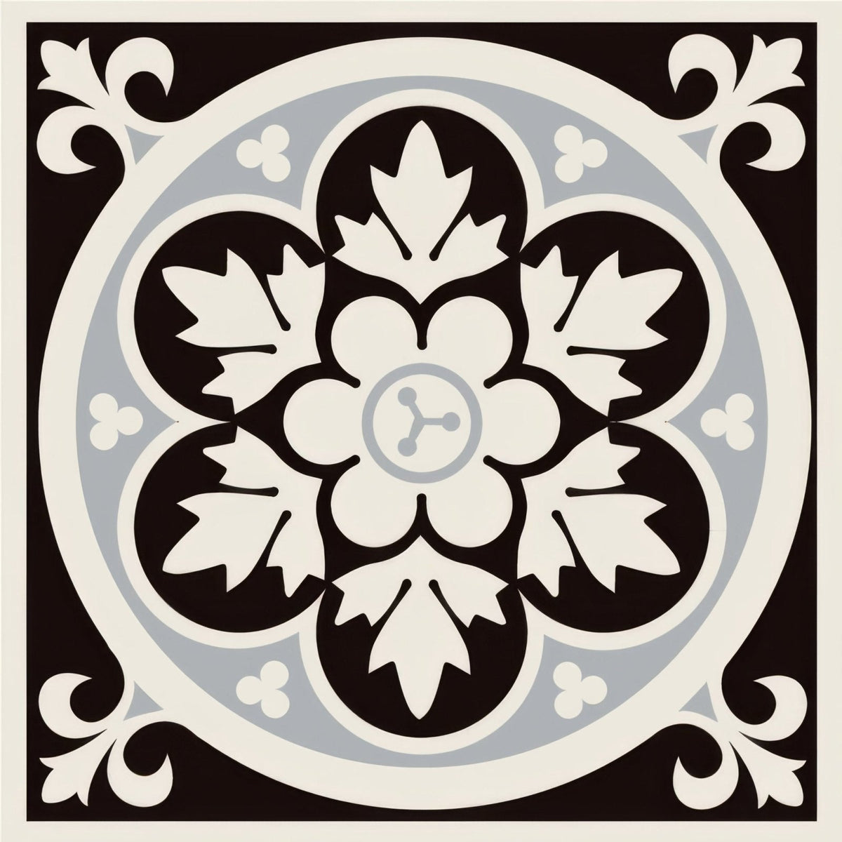 Livingstone black on dover white black and white ornate floral tile with central circular motif and intricate leaf patterns