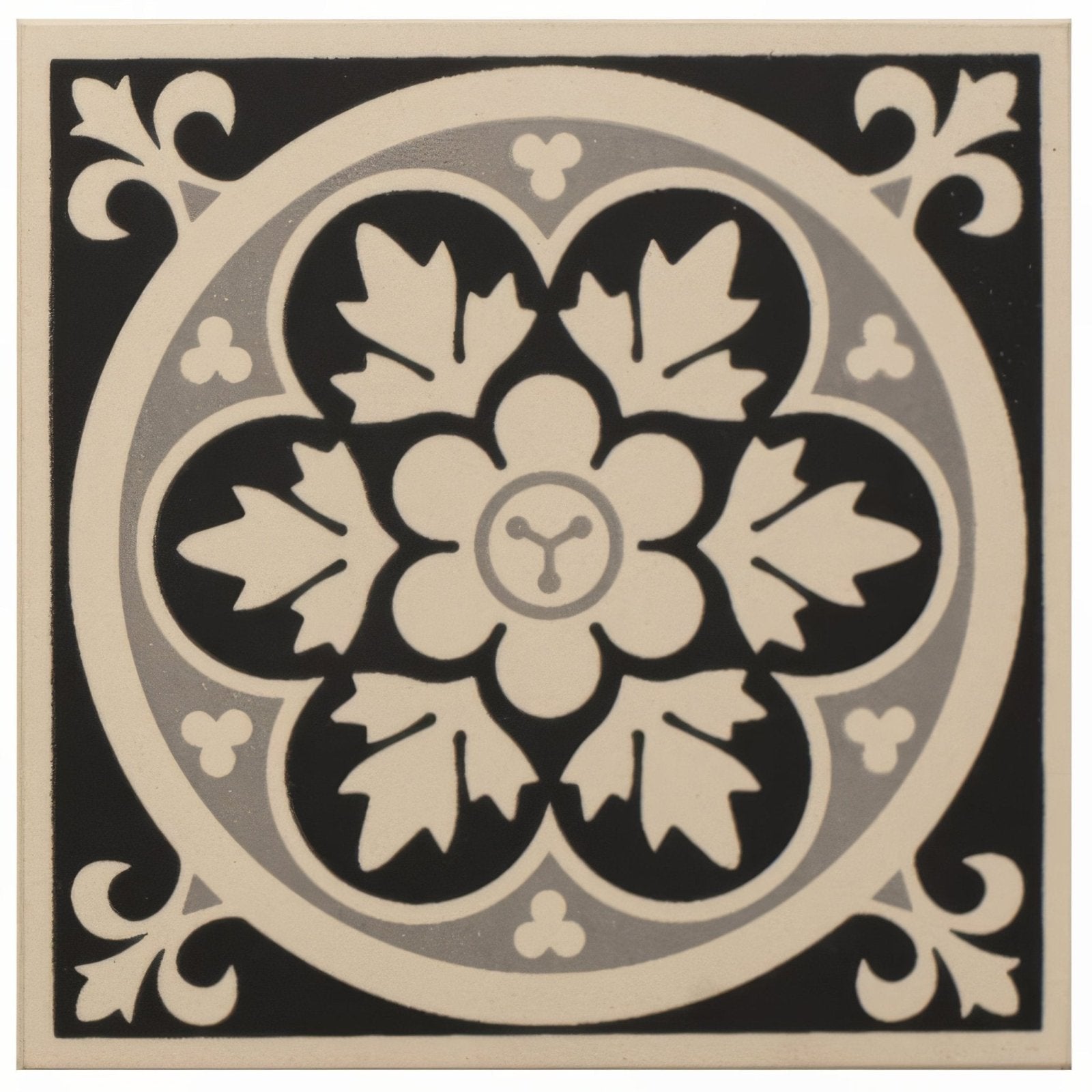 Livingstone black on white vintage-style decorative tile with black and cream floral motif and ornate scrollwork