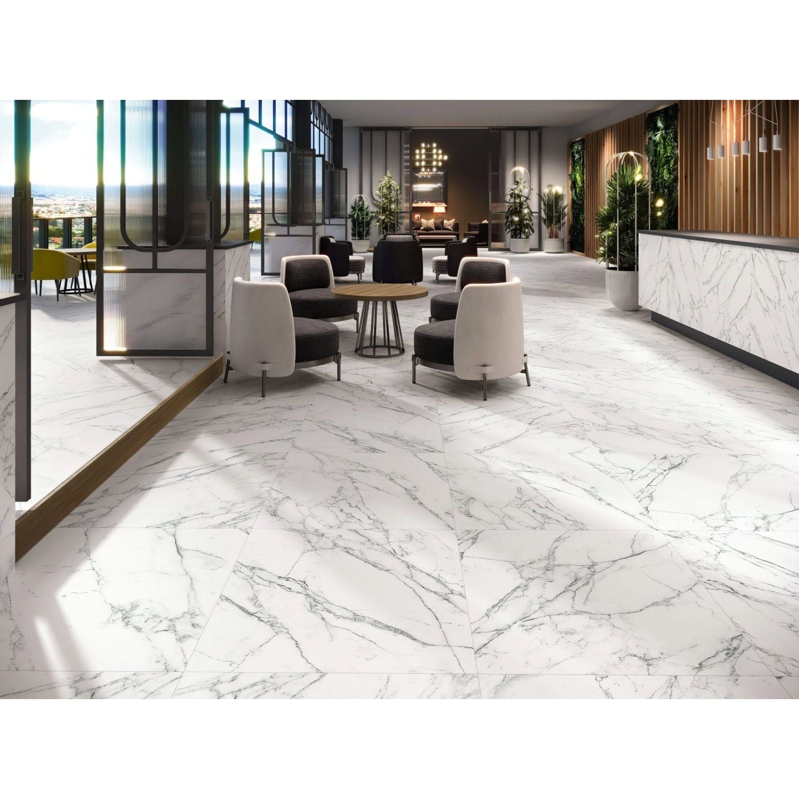 White marble-effect floor tiles loira 1856 white matt with elegant gray veining and a matt finish