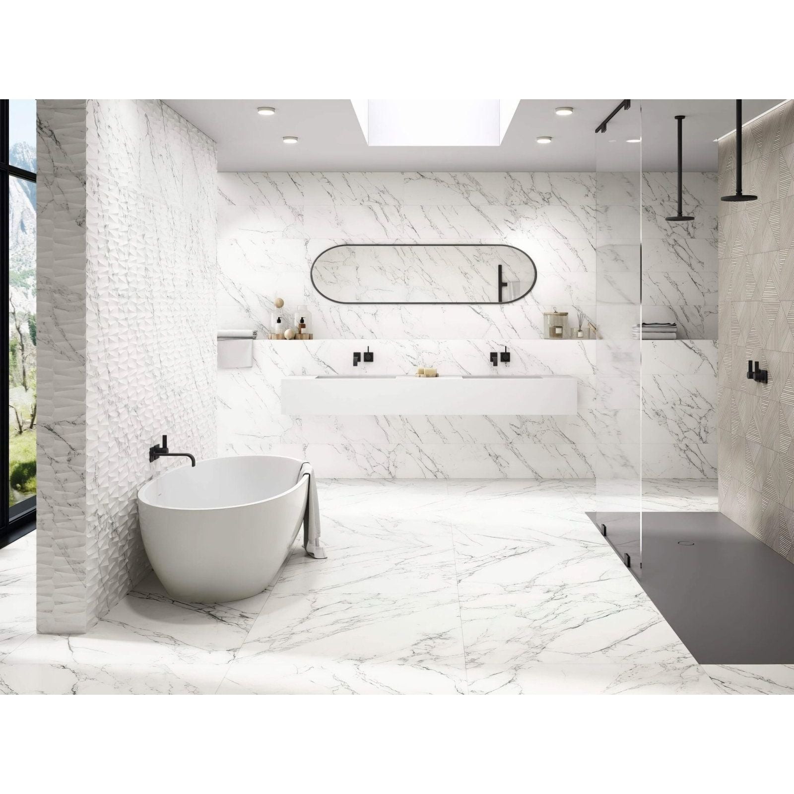 Loira 1856 White Matt white marble-effect tiles with a freestanding bathtub