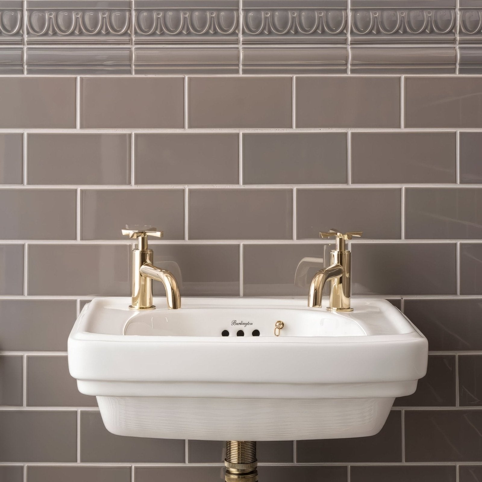 White ceramic wall-mounted sink with gold-finished faucets from london stone albert moulding collection