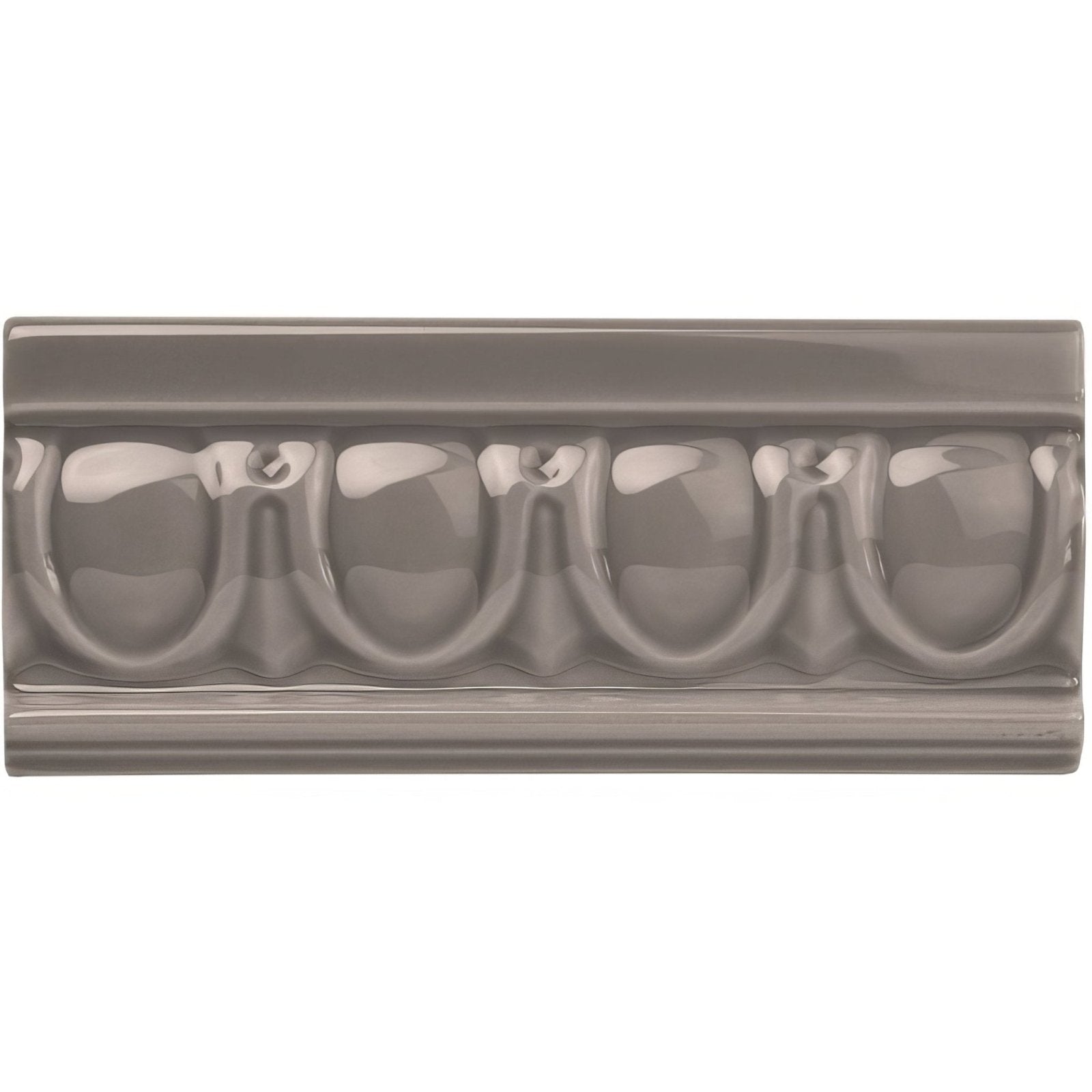 Gray ceramic london stone egg and dart moulding tile with glossy finish and raised repeating horseshoe relief pattern