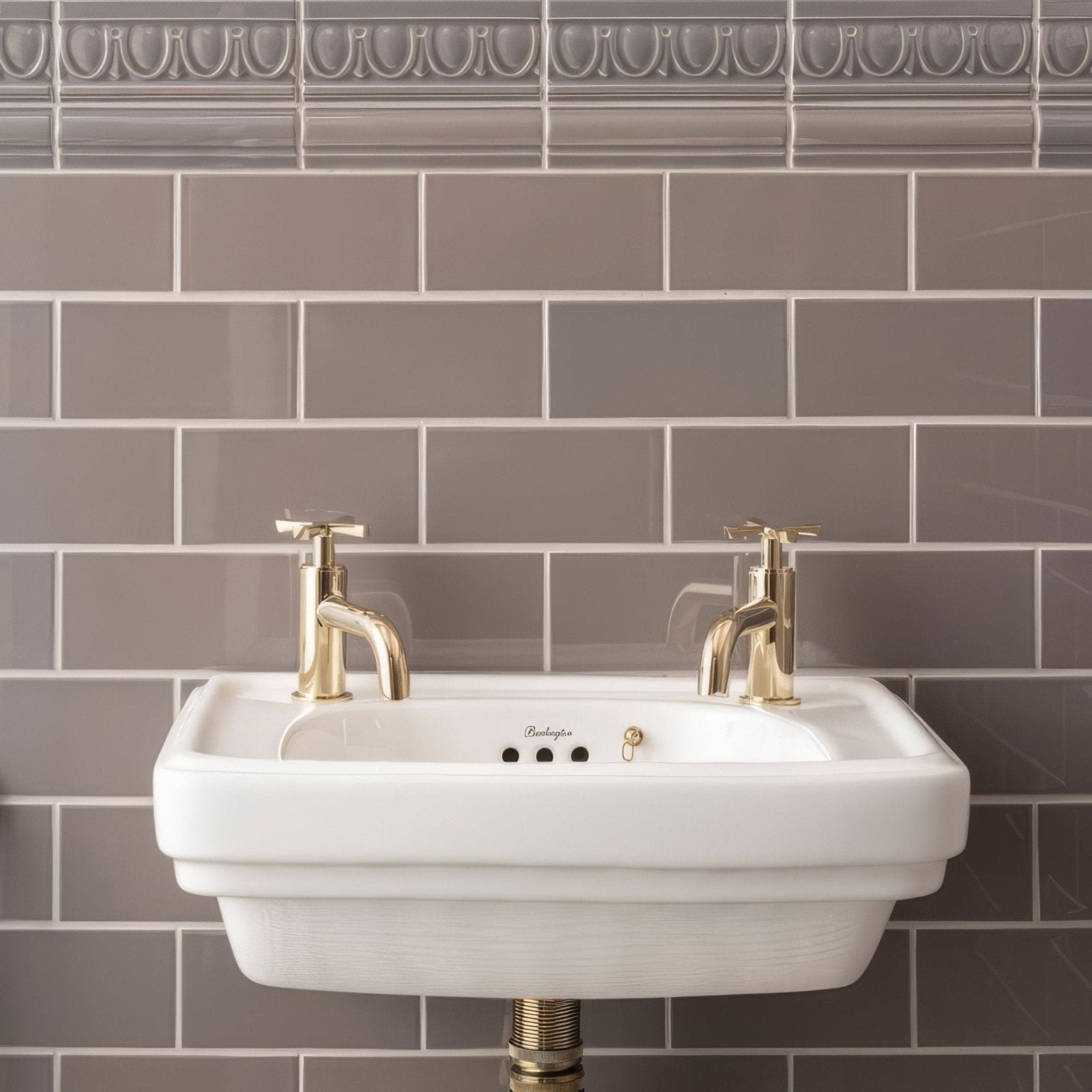 White ceramic sink with gold toned faucets installed on london stone half tile wall for bathroom use