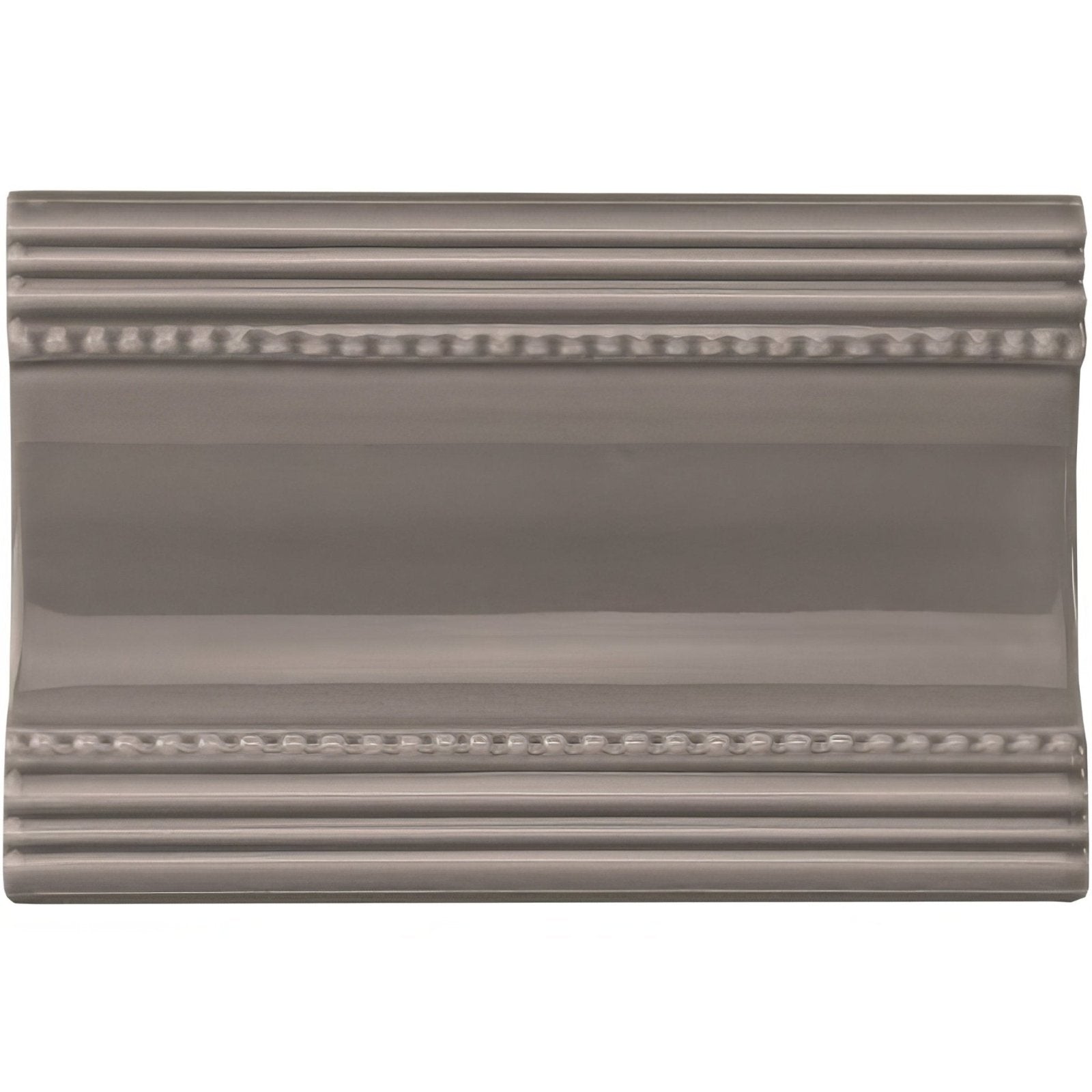 Gray ceramic london stone plain cornice tile with glossy finish and decorative beaded molding along edges