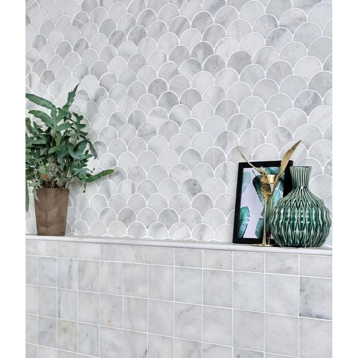 Long Island Marble Scallop Mosaic grey marble scallop mosaic with a green ribbed vase