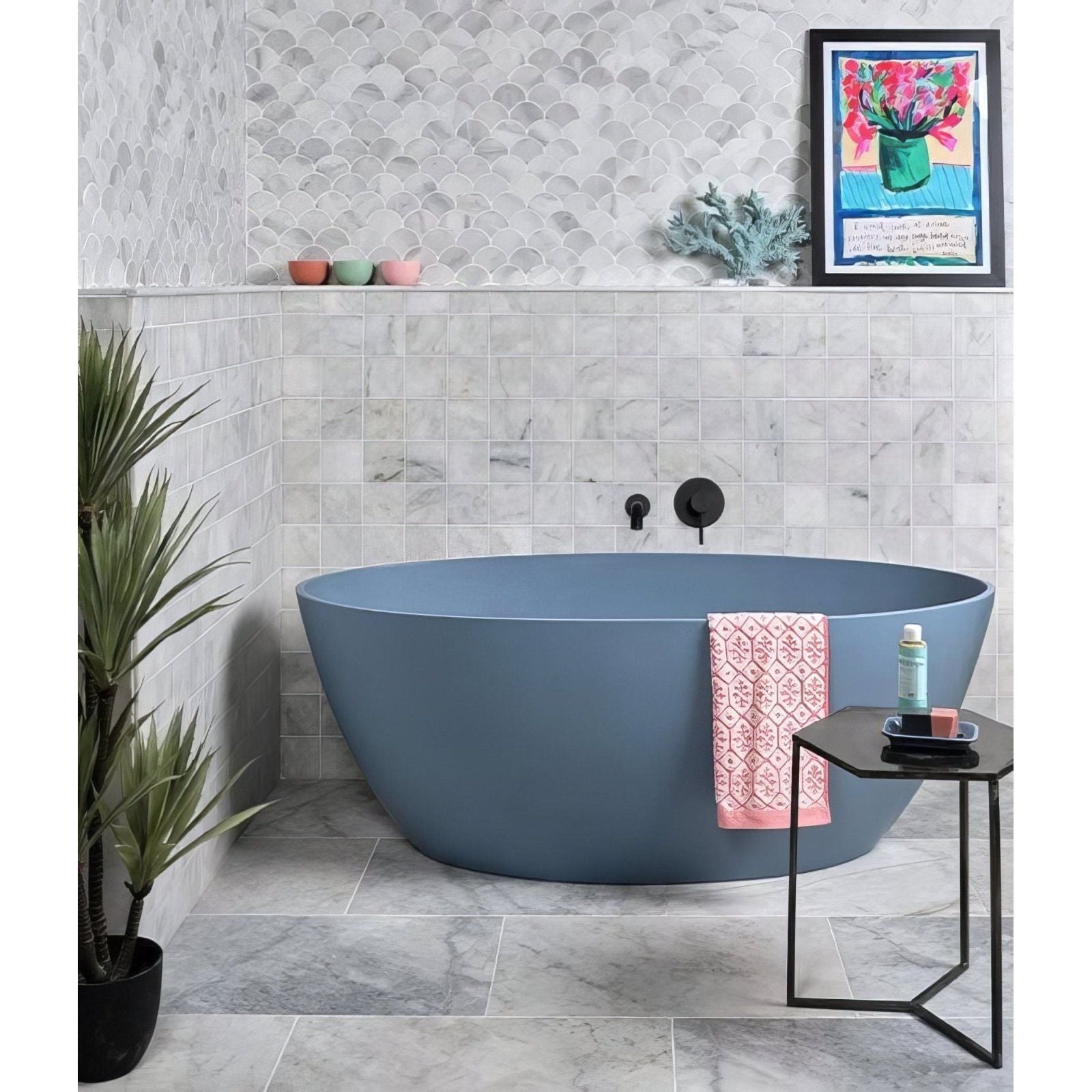 Long Island Marble Scallop Mosaic grey marble scallop mosaic with a blue freestanding bathtub
