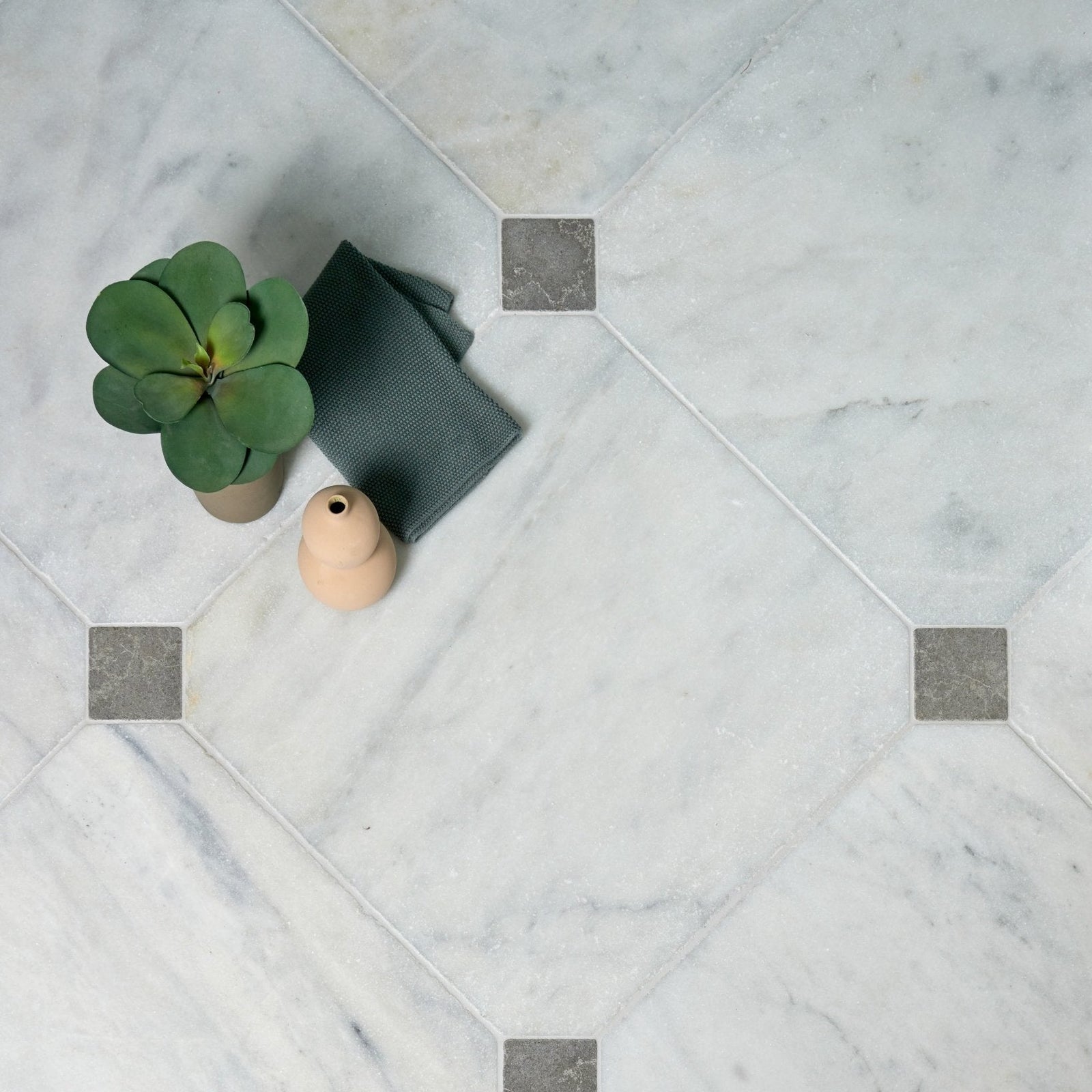 Long island marble tumbled finish floor tiles 40.6 x 40.6cm white marble with gray veining and gray accent squares