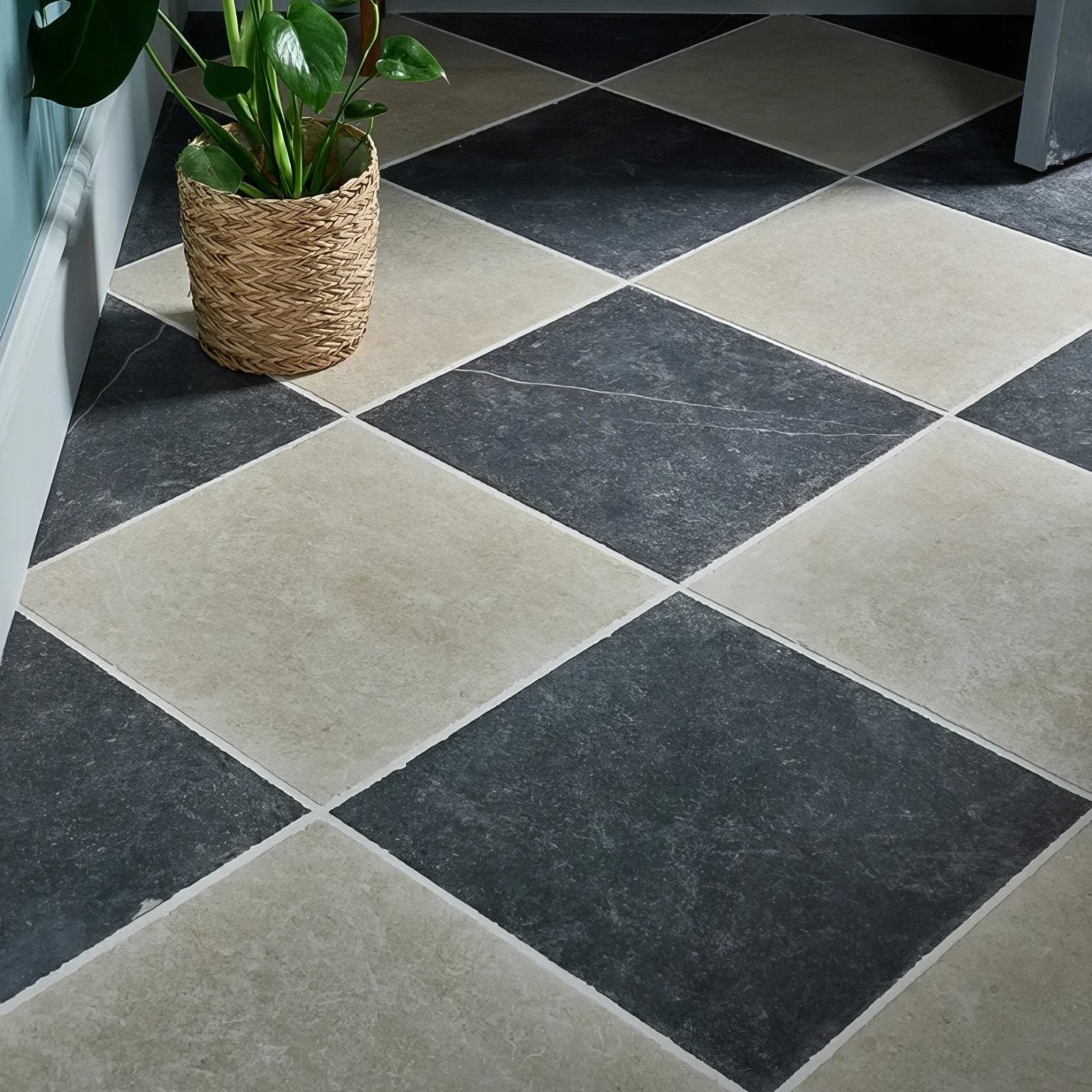 Ludlow porcelain charcoal black and beige diamond patterned ceramic floor tiles with subtle marble texture
