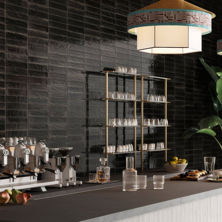 Black glossy rectangular tiles luminous lume black with subtle textured surface arranged vertically on wall