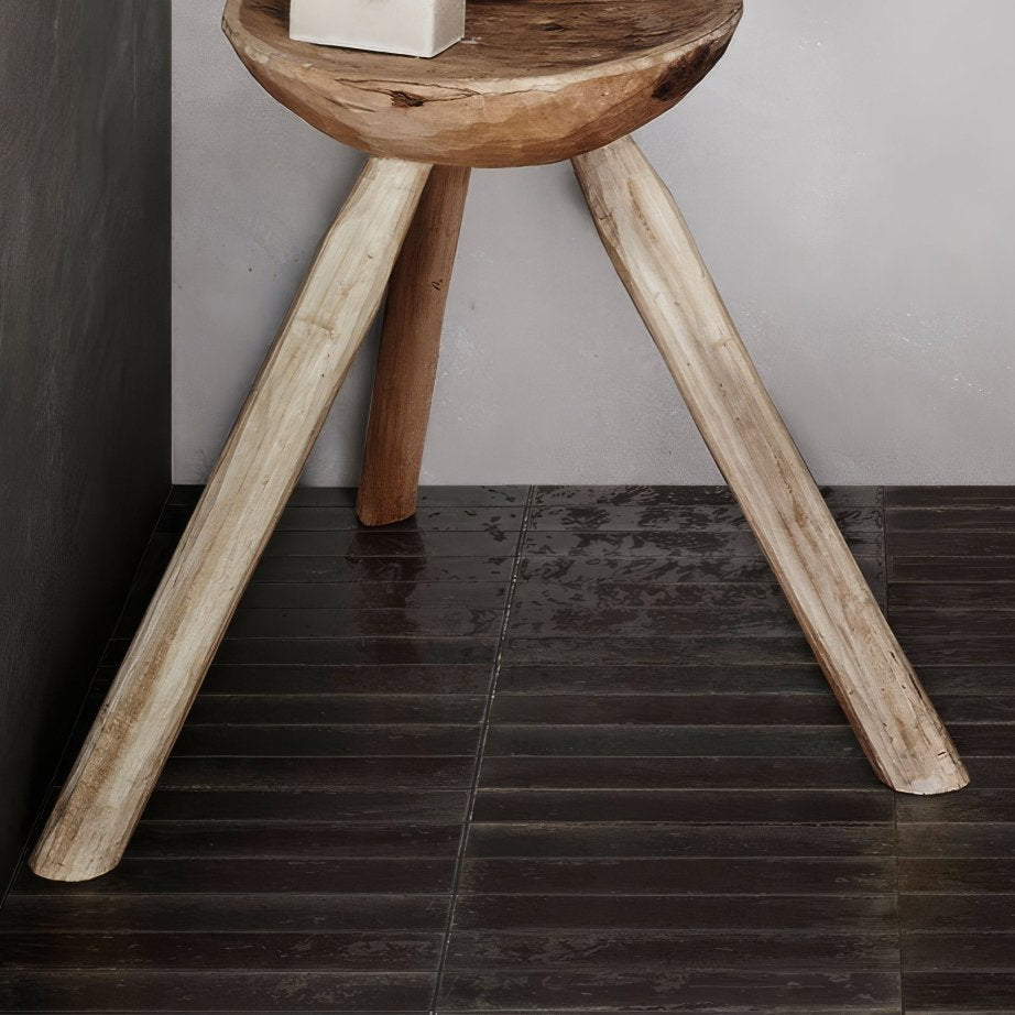 Rustic wooden tripod stool luminous lume black with natural weathered finish and three sturdy legs