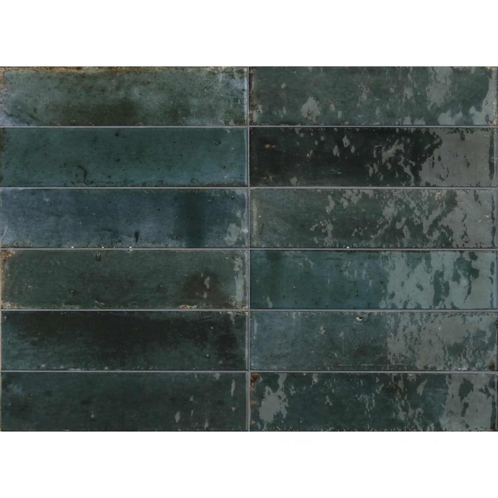 Luminous Lume Blue dark green distressed ceramic subway tiles with rustic weathered finish for wall decor