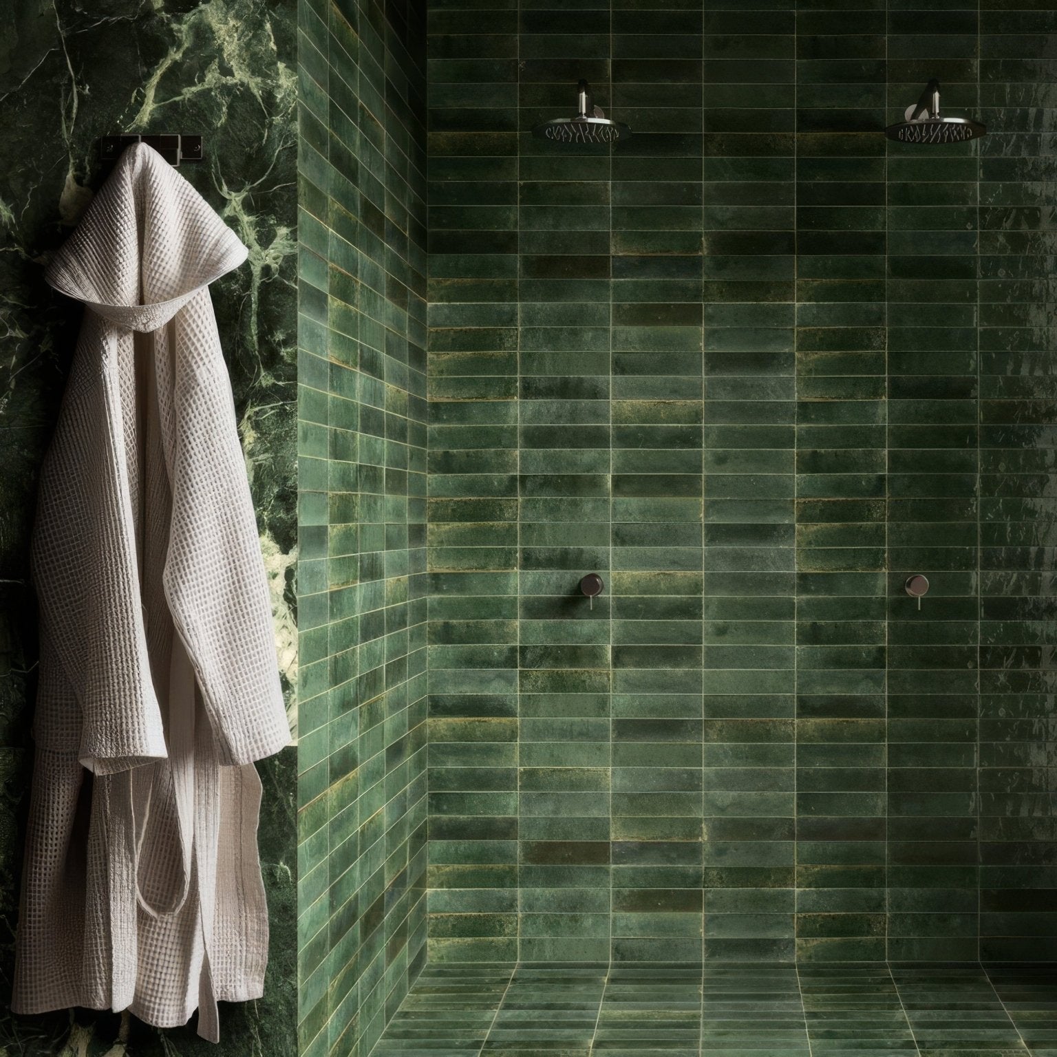 A soft off-white waffle-weave bathrobe hangs on a hook against a dark green marble wall in luminous lume green