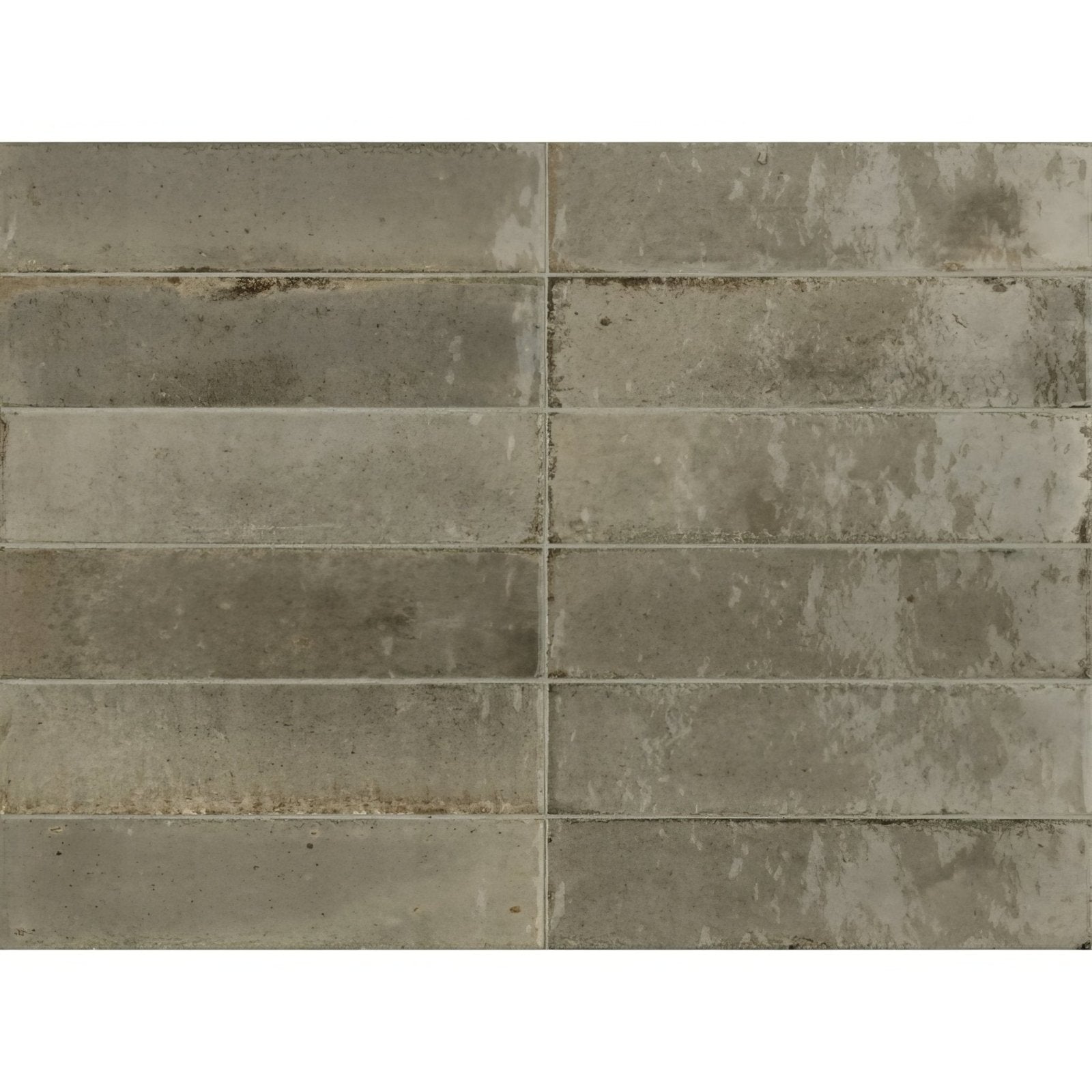 Gray rectangular luminous lume greige tiles with textured weathered finish arranged in horizontal rows