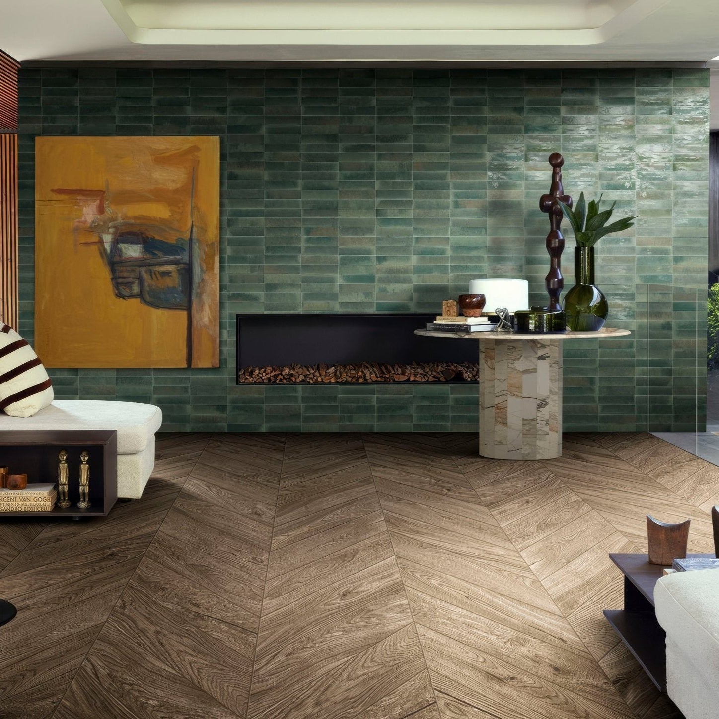 Green tiled wall with a modern fireplace and abstract art above in luminous lume verde forest design