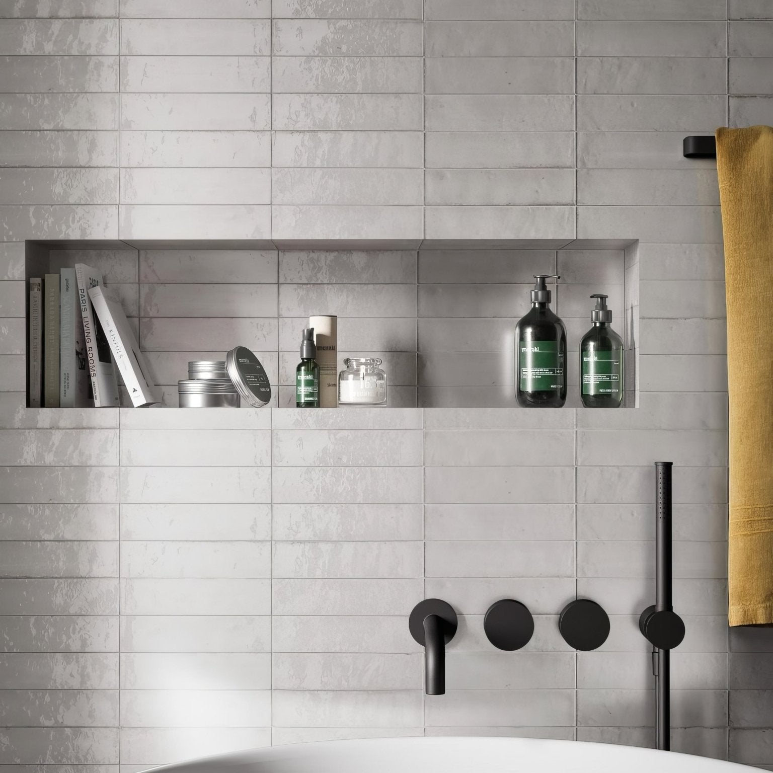 Black matte finish wall-mounted faucet with three circular handles and modern design for luminous lume white bathroom