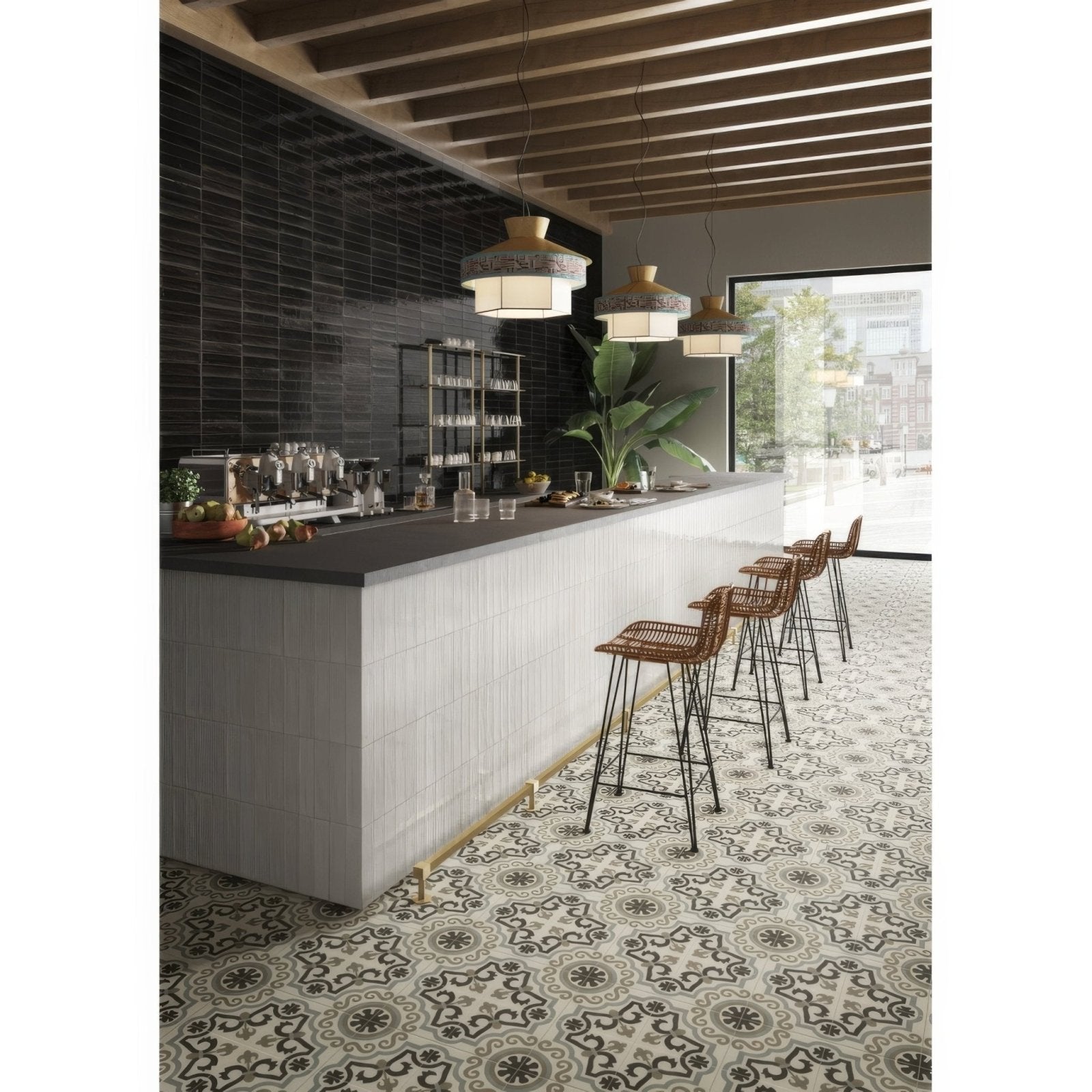 Luminous Lume White modern bar stools with woven wicker seats and black metal legs for stylish seating