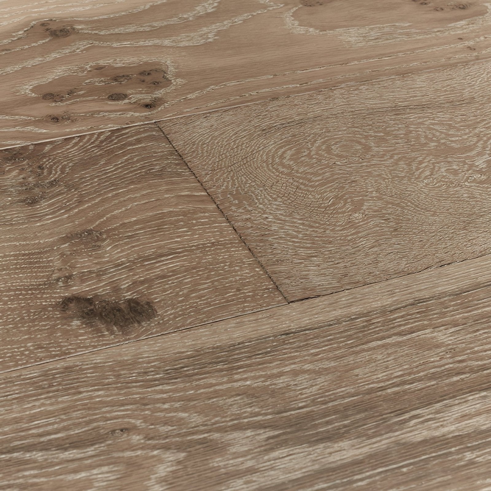 Light gray Lynton Estuary Oak hardwood flooring with natural wood grain pattern and visible knots