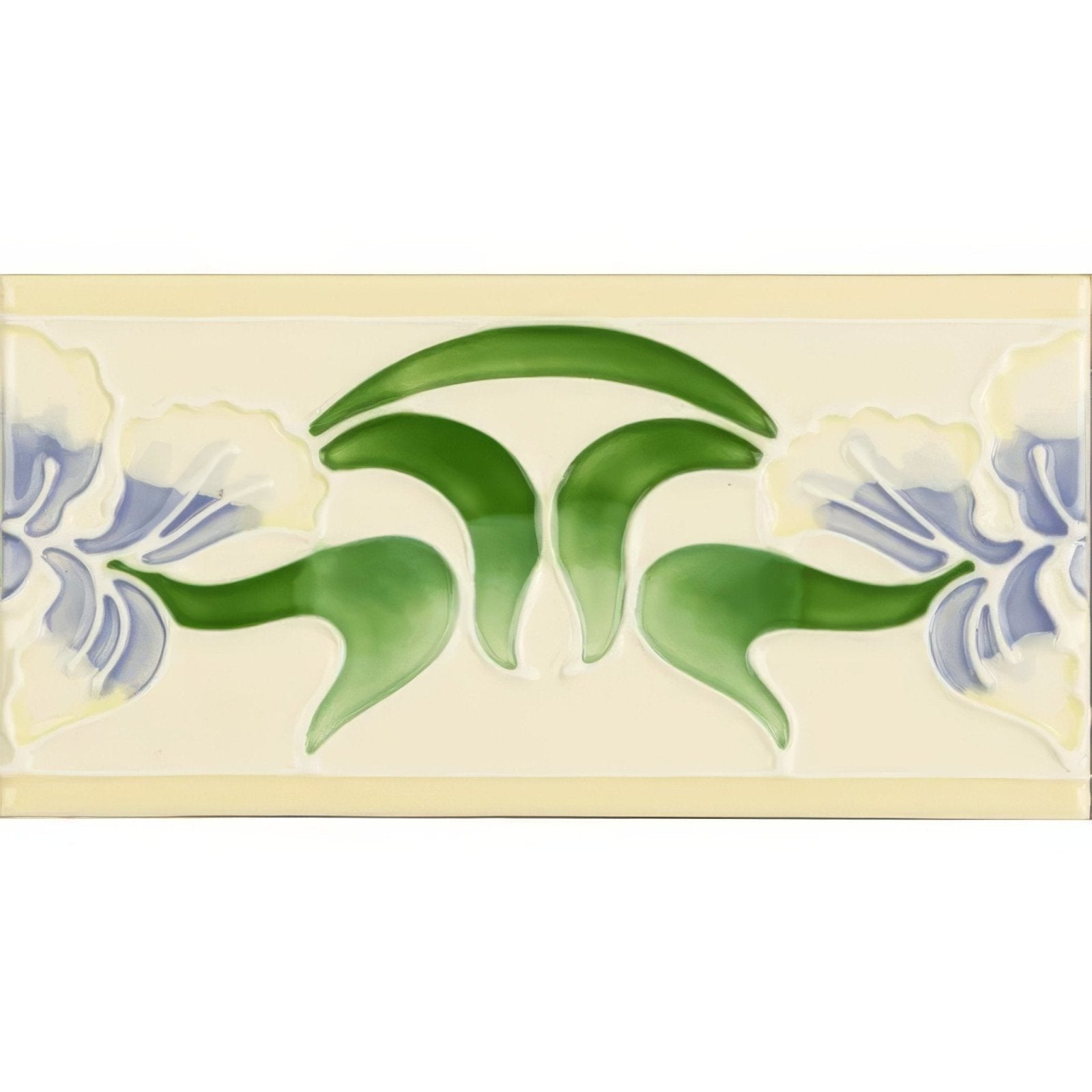 Cream-colored ceramic Madonna Border Tube-lined single tile on County White with green leaves and pale blue flowers design