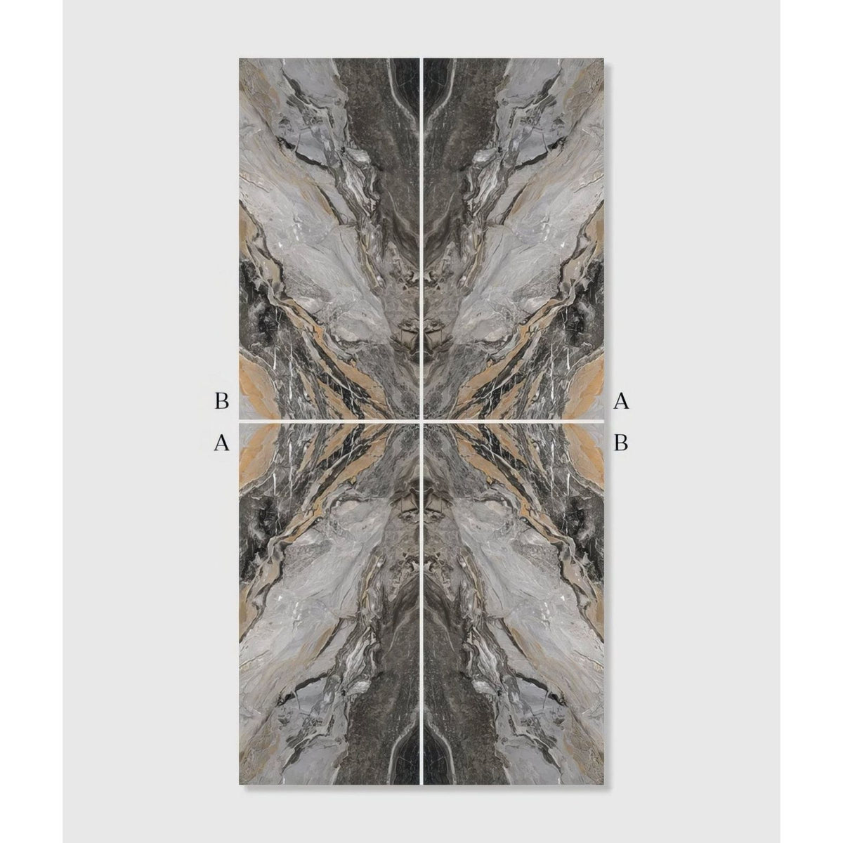 Magnifique Porcelain Nero Bookmatched marble-effect porcelain panel with symmetrical grey, black and beige veining