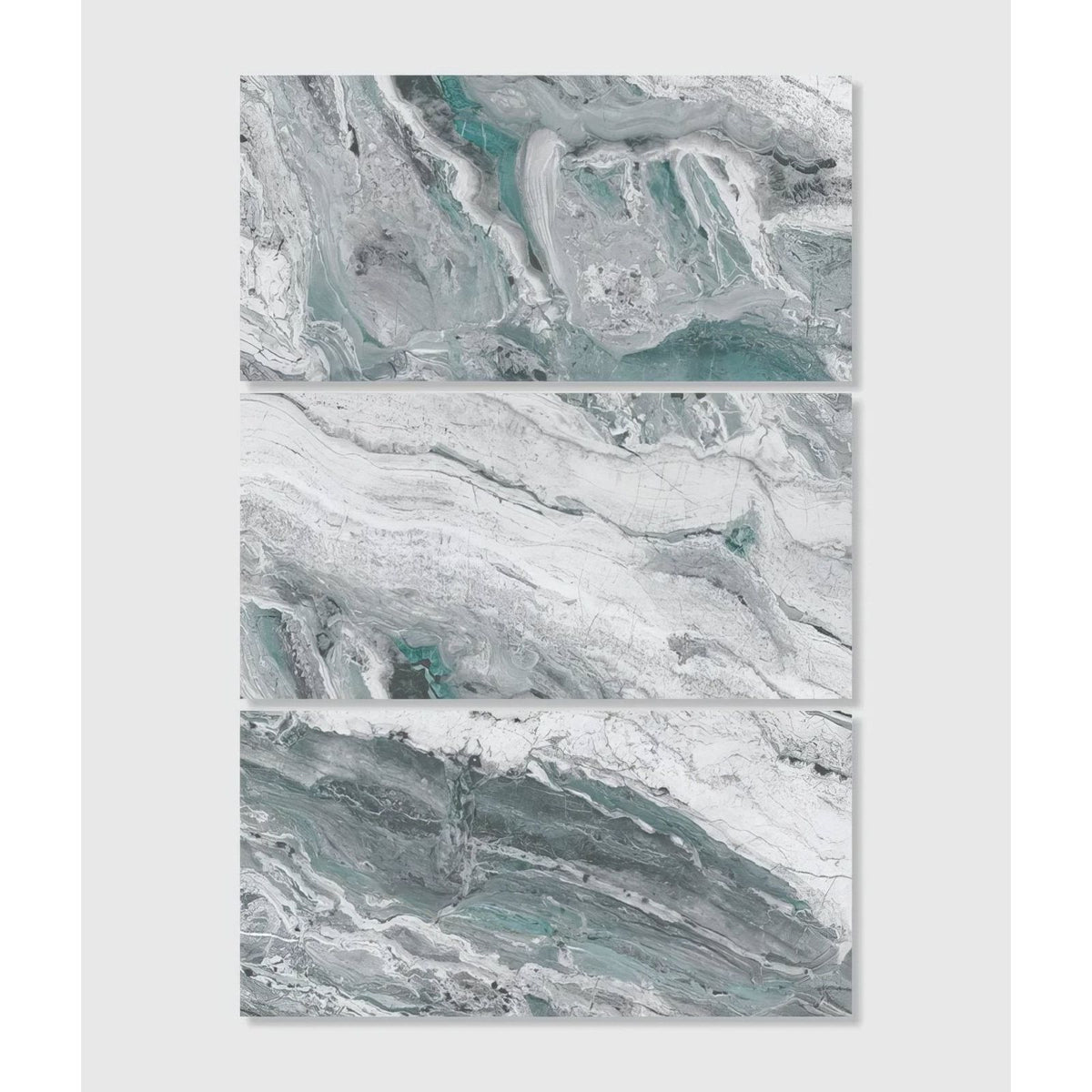 Magnifique Porcelain Ocean three-panel bookmatched marble-effect porcelain in white, grey and teal