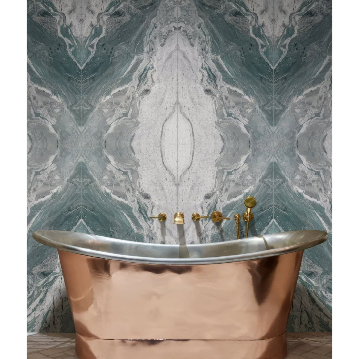 Magnifique Porcelain Ocean Bookmatched teal and grey marble-effect porcelain tiles with a copper bathtub