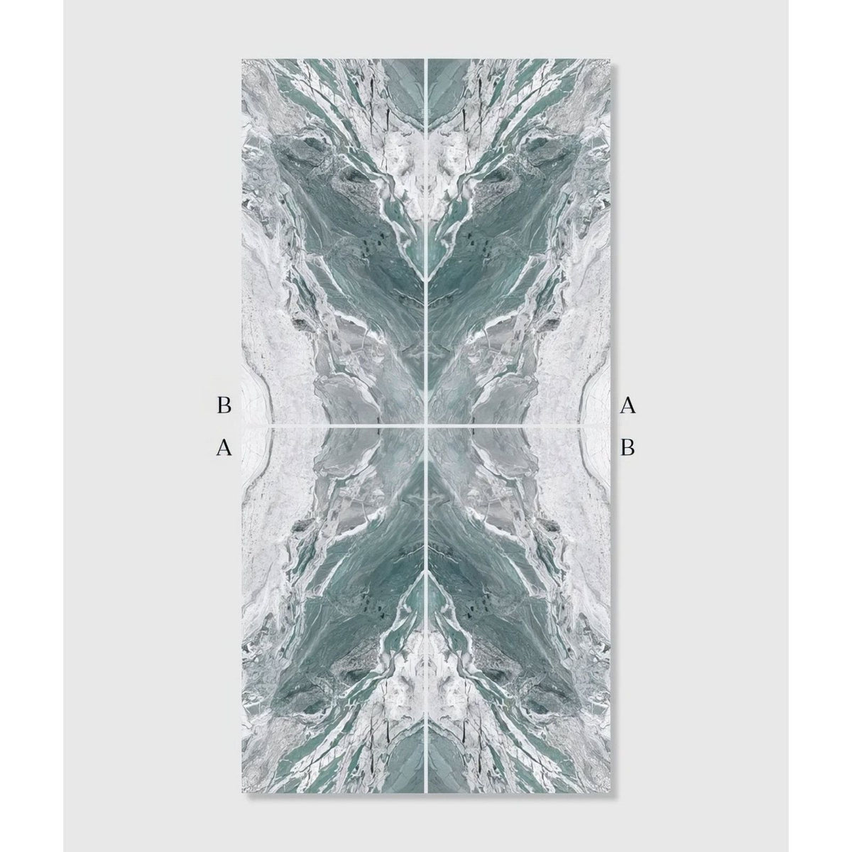 Magnifique Porcelain Ocean Bookmatched marble-effect porcelain panel with a symmetrical teal and grey pattern