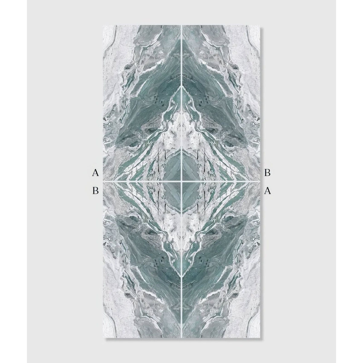 Magnifique Porcelain Ocean Bookmatched marble-effect porcelain panel with symmetrical teal and grey veining
