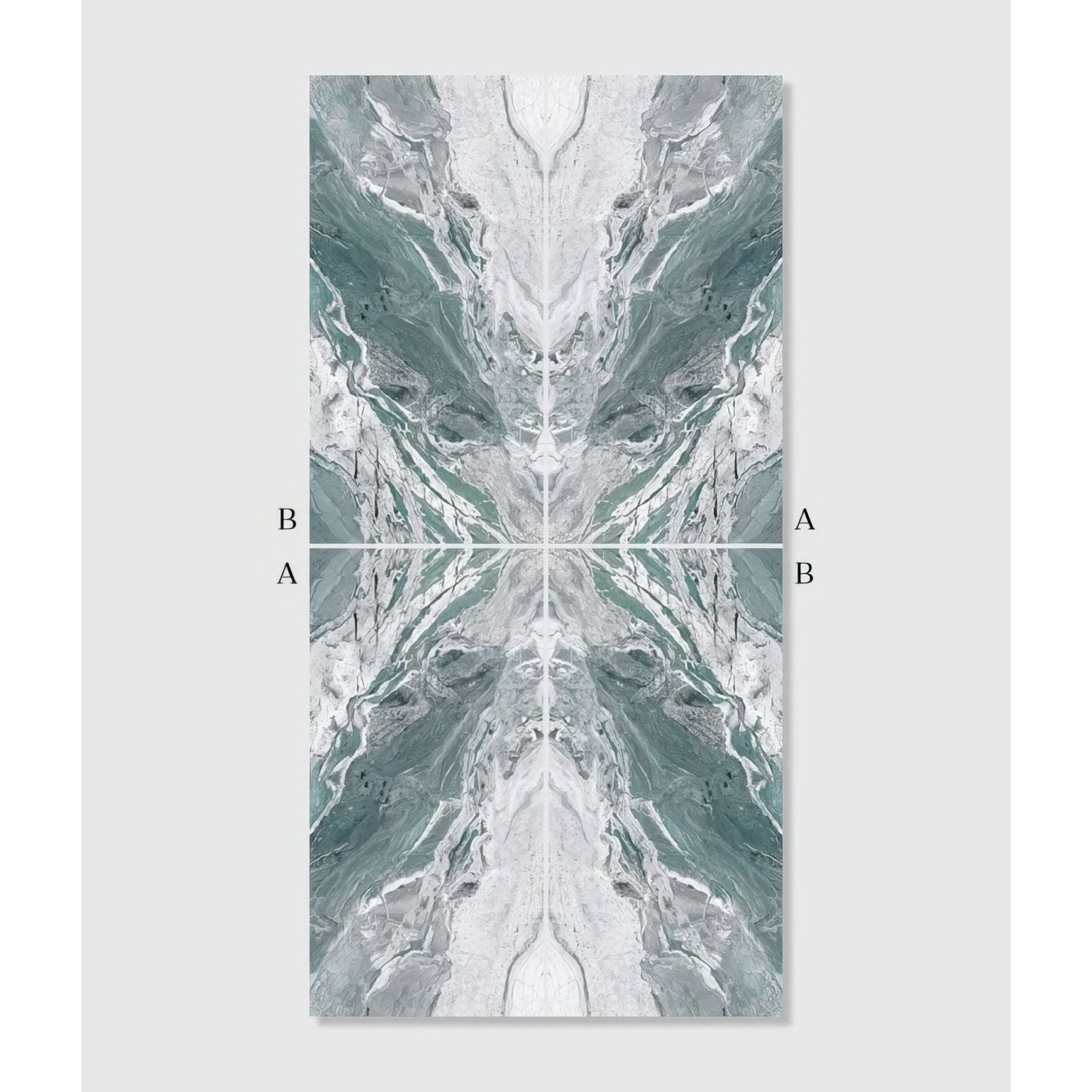 Magnifique Porcelain Ocean Bookmatched marble-effect porcelain panel with a symmetrical teal and white pattern